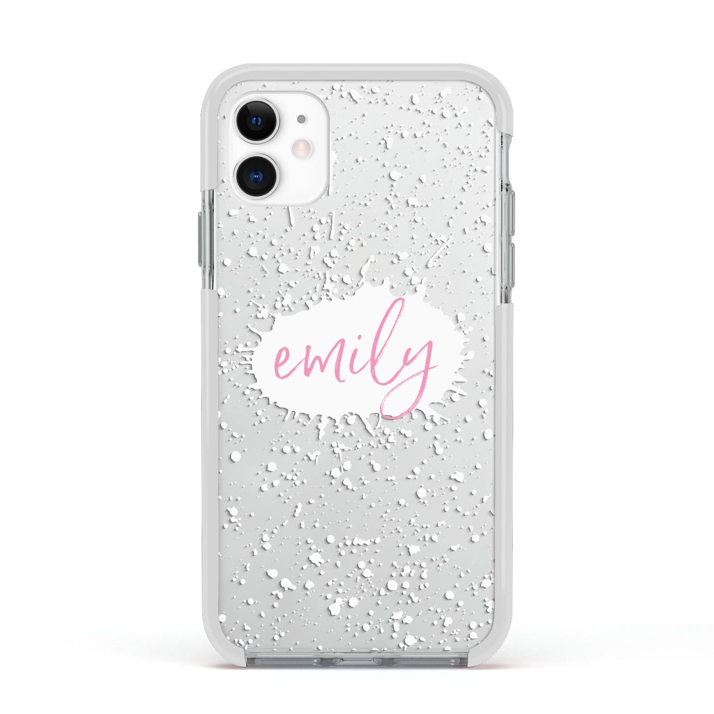 Personalised White Ink Splat Clear Name Apple iPhone 11 in White with White Impact Case