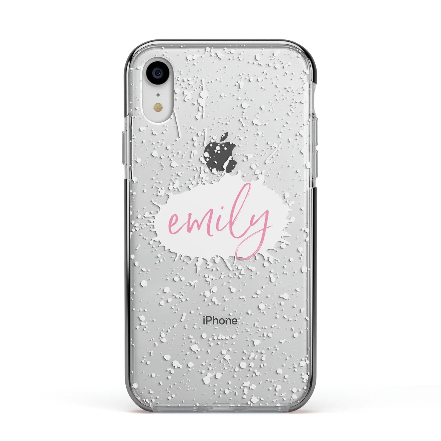 Personalised White Ink Splat Clear Name Apple iPhone XR Impact Case Black Edge on Silver Phone