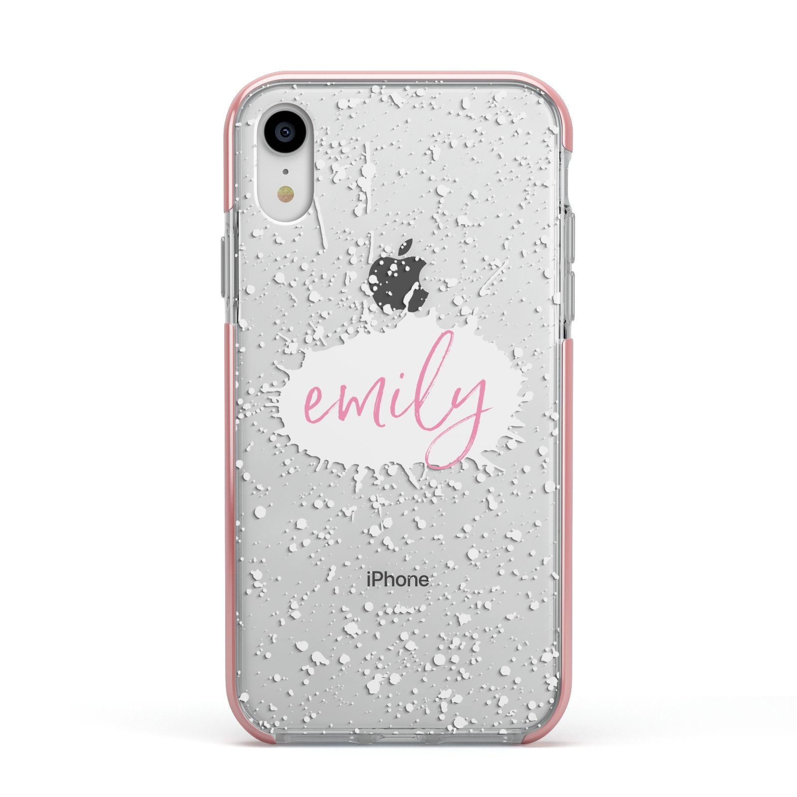 Personalised White Ink Splat Clear Name Apple iPhone XR Impact Case Pink Edge on Silver Phone