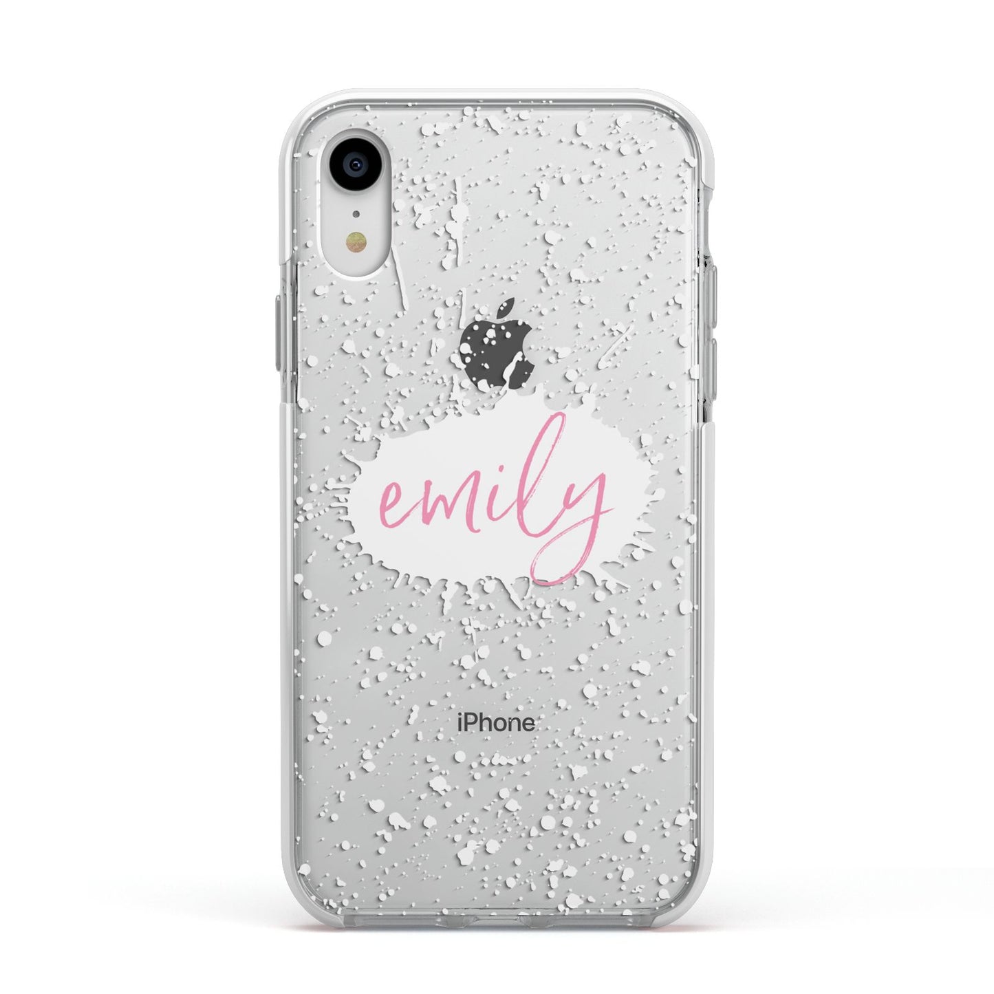 Personalised White Ink Splat Clear Name Apple iPhone XR Impact Case White Edge on Silver Phone