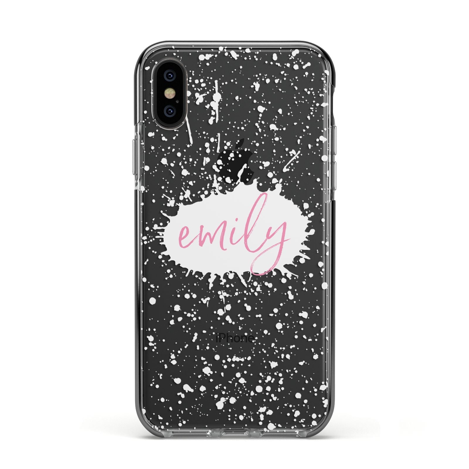 Personalised White Ink Splat Clear Name Apple iPhone Xs Impact Case Black Edge on Black Phone