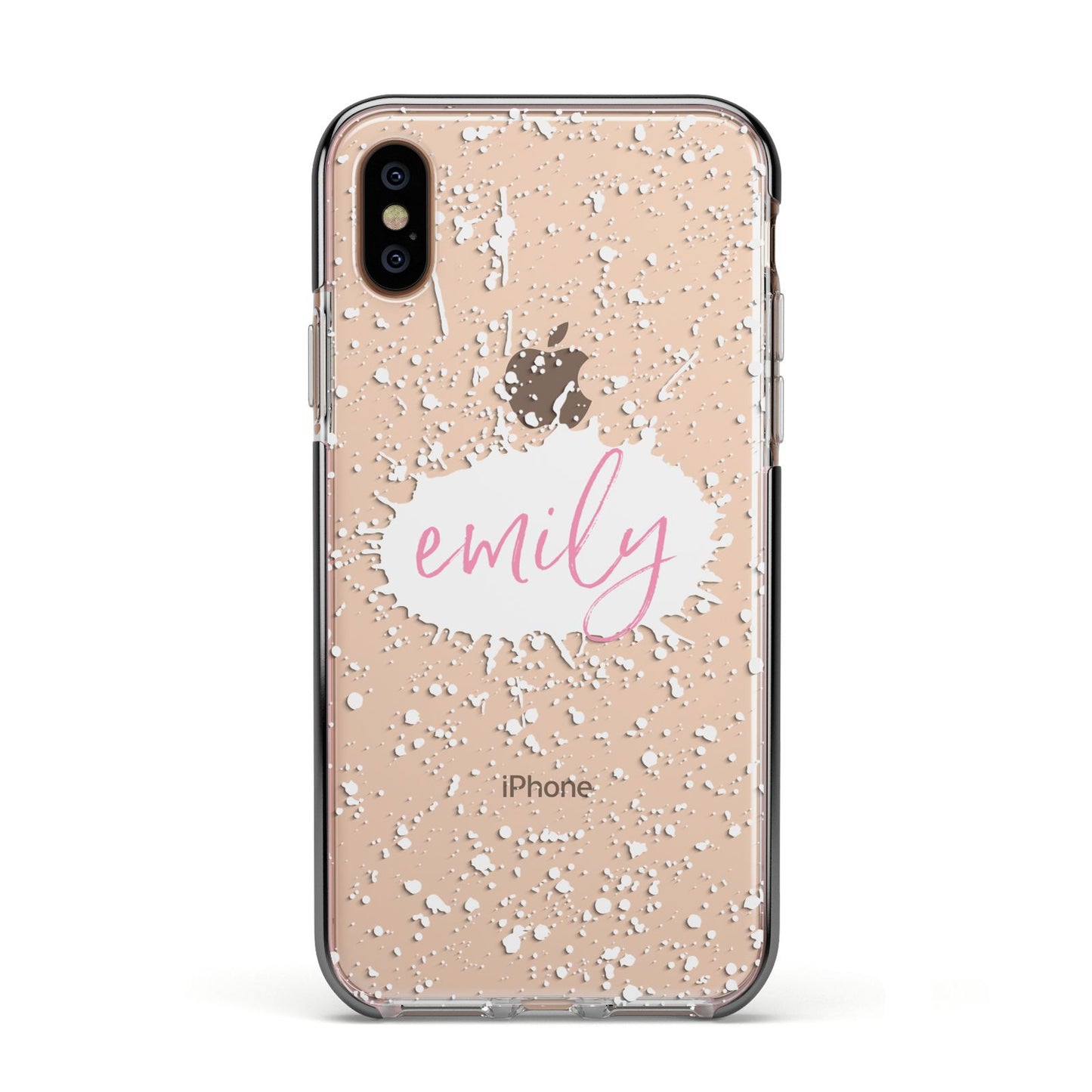 Personalised White Ink Splat Clear Name Apple iPhone Xs Impact Case Black Edge on Gold Phone