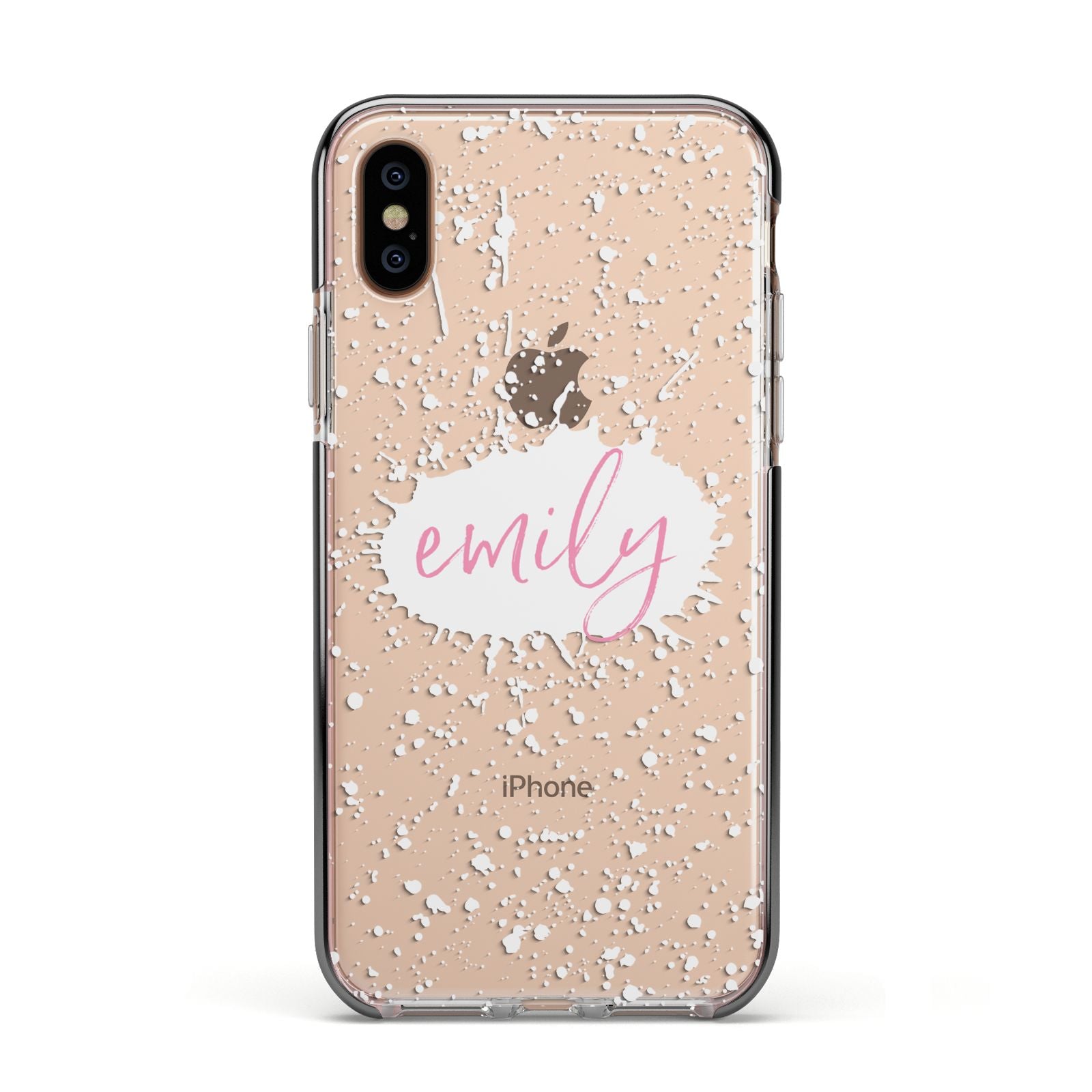 Personalised White Ink Splat Clear Name Apple iPhone Xs Impact Case Black Edge on Gold Phone