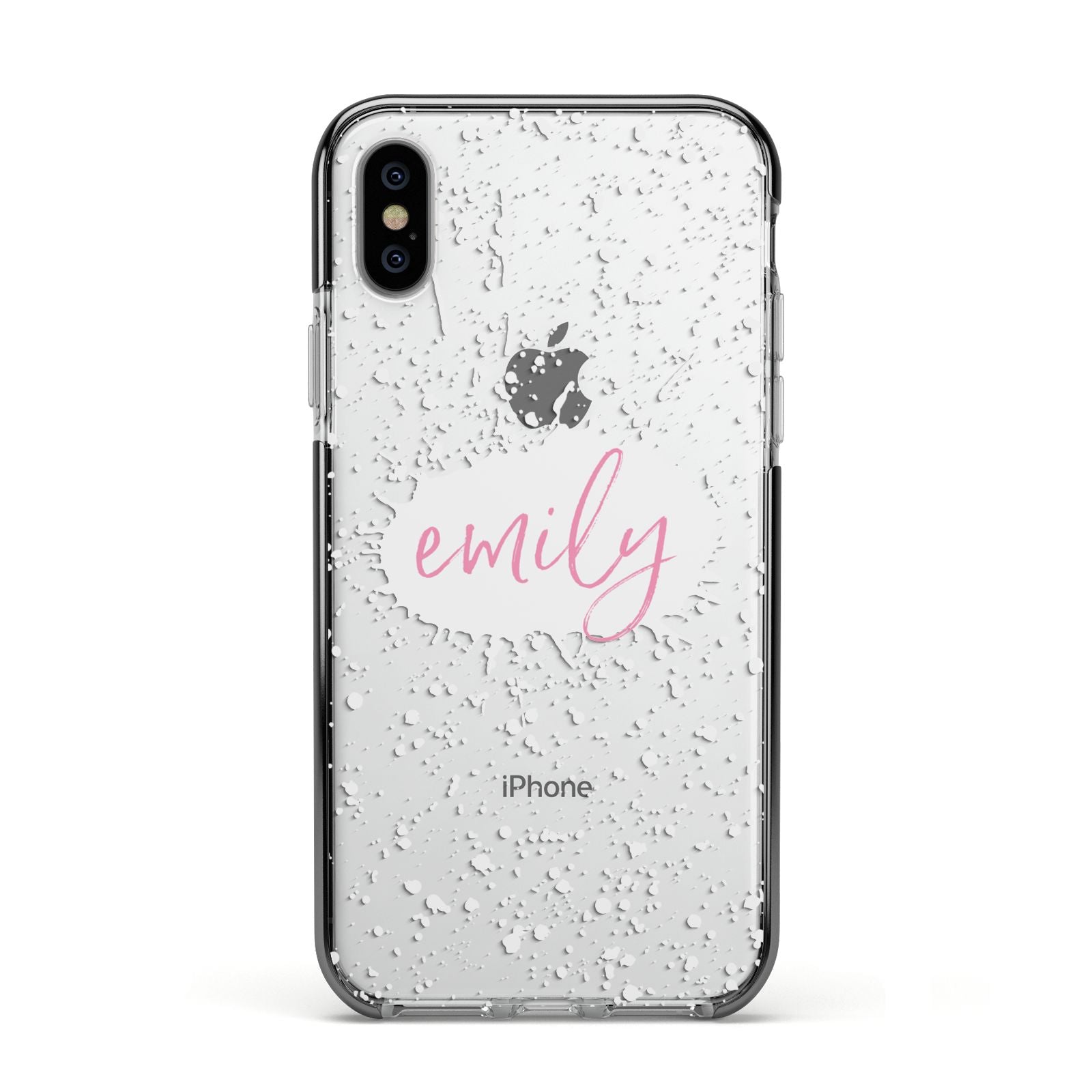 Personalised White Ink Splat Clear Name Apple iPhone Xs Impact Case Black Edge on Silver Phone