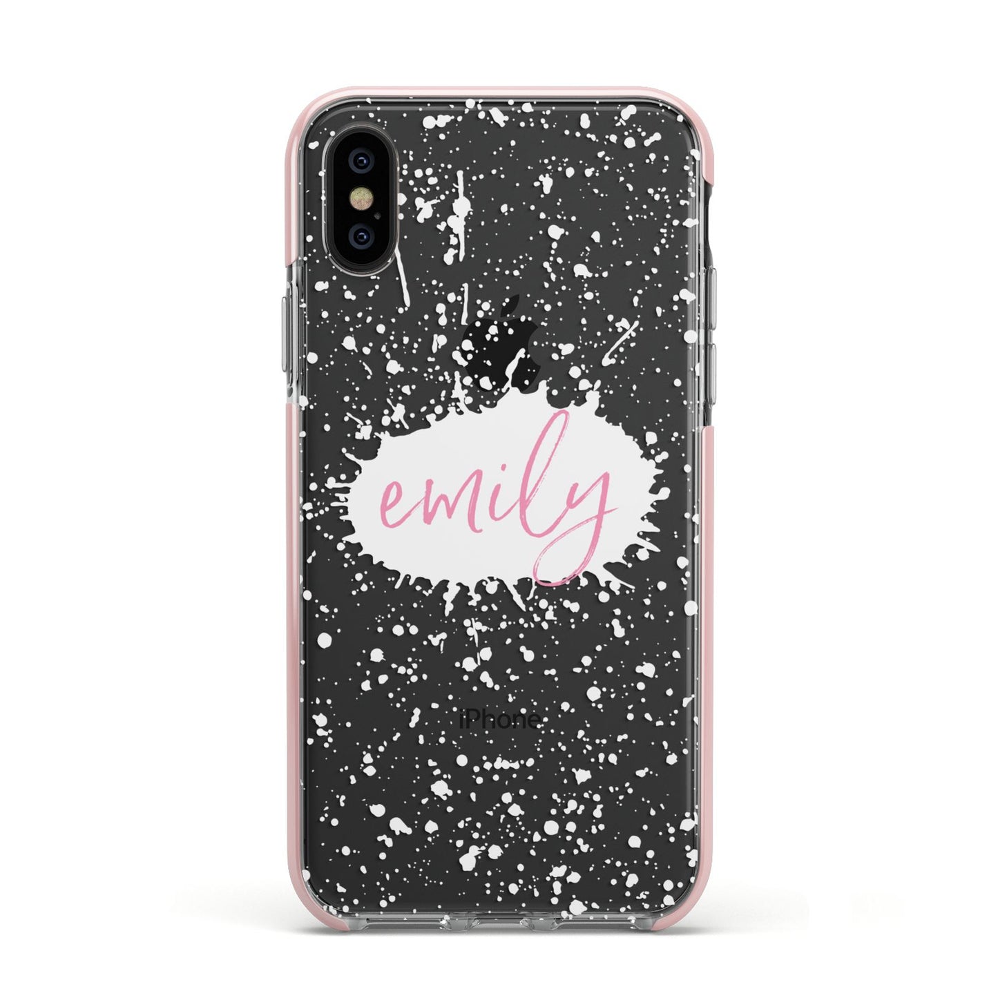 Personalised White Ink Splat Clear Name Apple iPhone Xs Impact Case Pink Edge on Black Phone