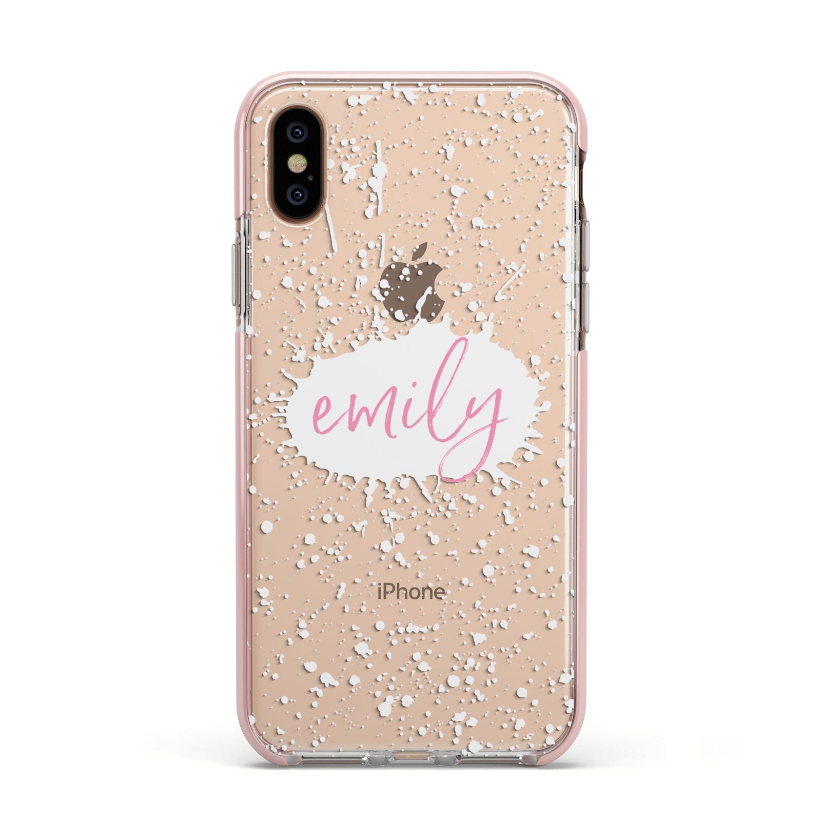 Personalised White Ink Splat Clear Name Apple iPhone Xs Impact Case Pink Edge on Gold Phone