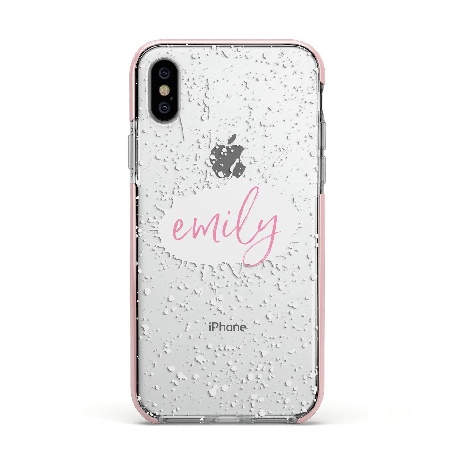 Personalised White Ink Splat Clear Name Apple iPhone Xs Impact Case Pink Edge on Silver Phone