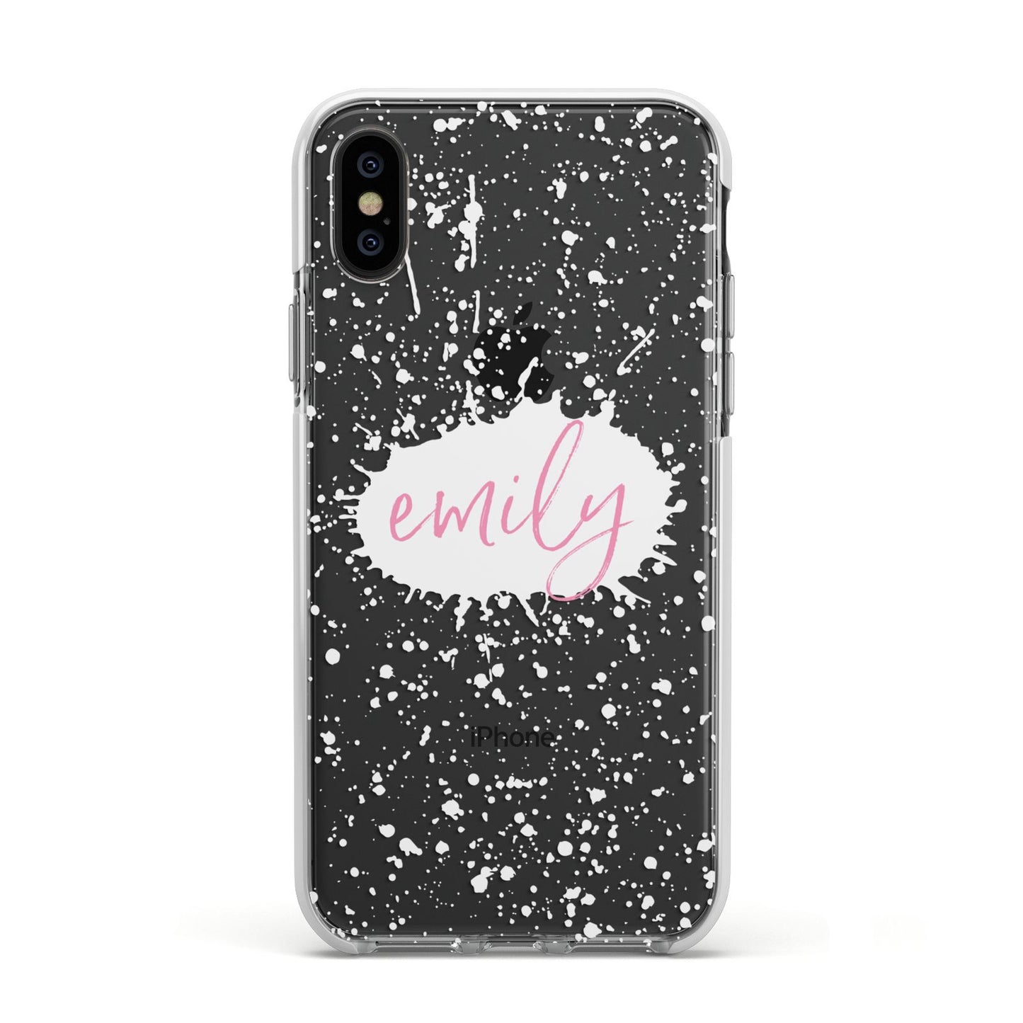 Personalised White Ink Splat Clear Name Apple iPhone Xs Impact Case White Edge on Black Phone