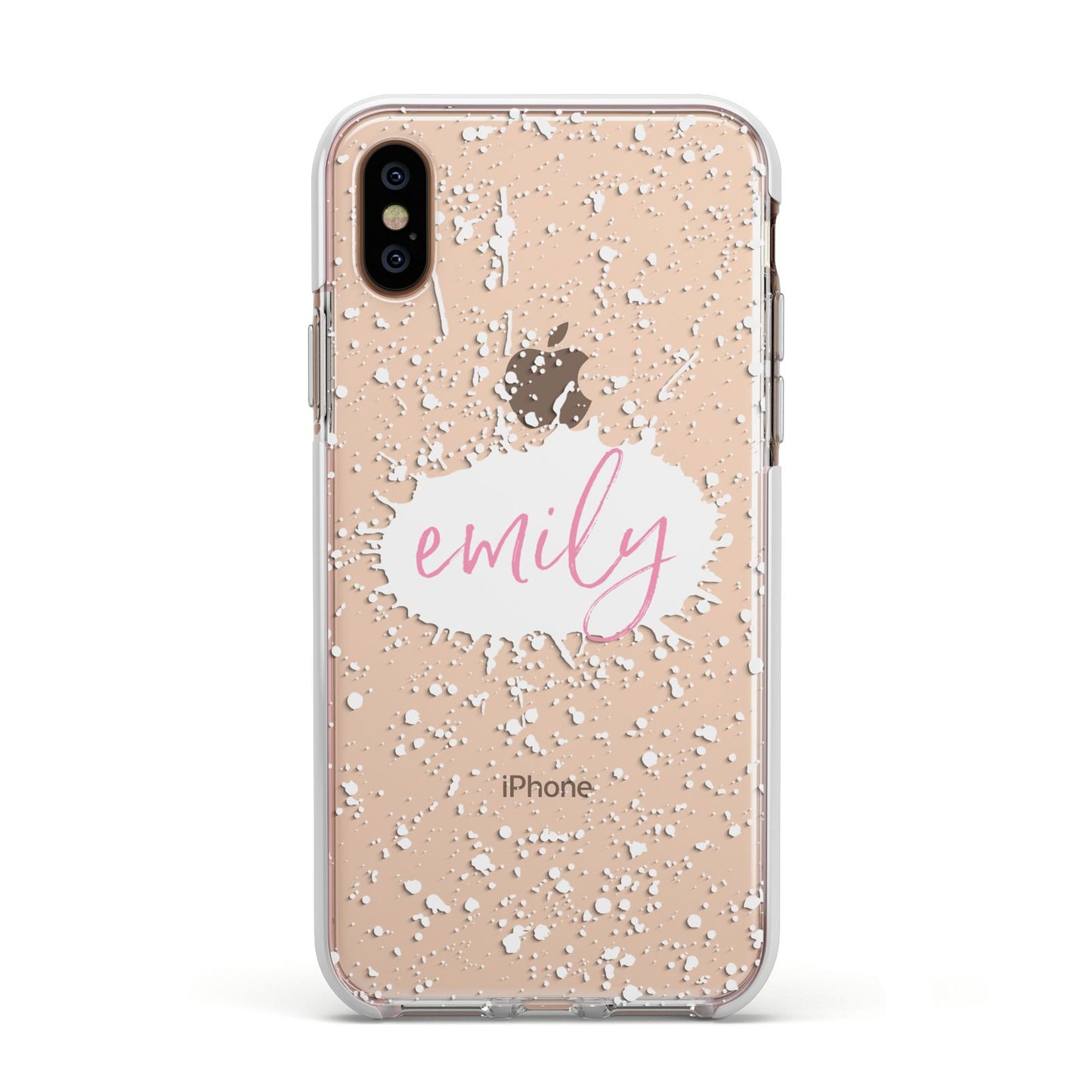 Personalised White Ink Splat Clear Name Apple iPhone Xs Impact Case White Edge on Gold Phone