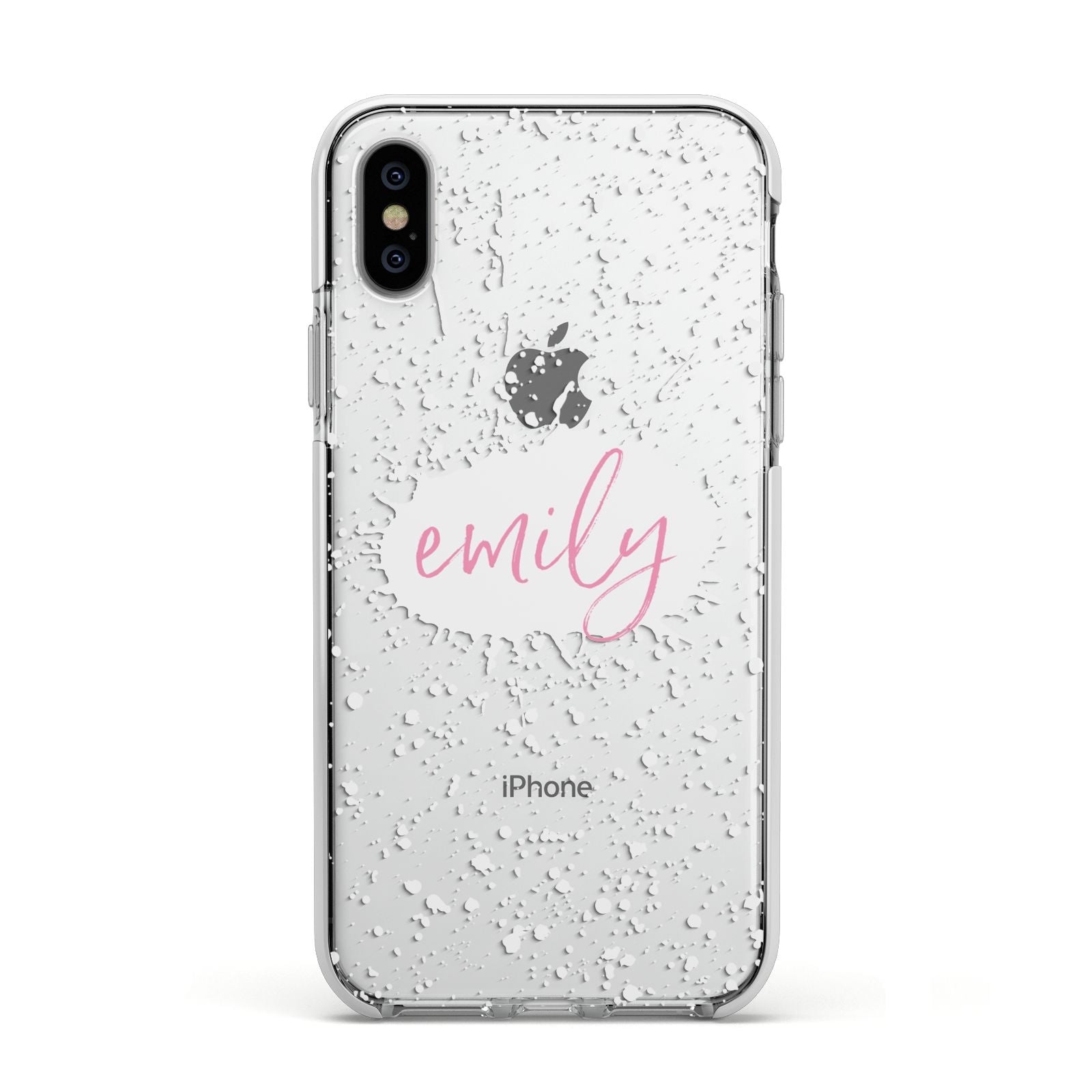 Personalised White Ink Splat Clear Name Apple iPhone Xs Impact Case White Edge on Silver Phone