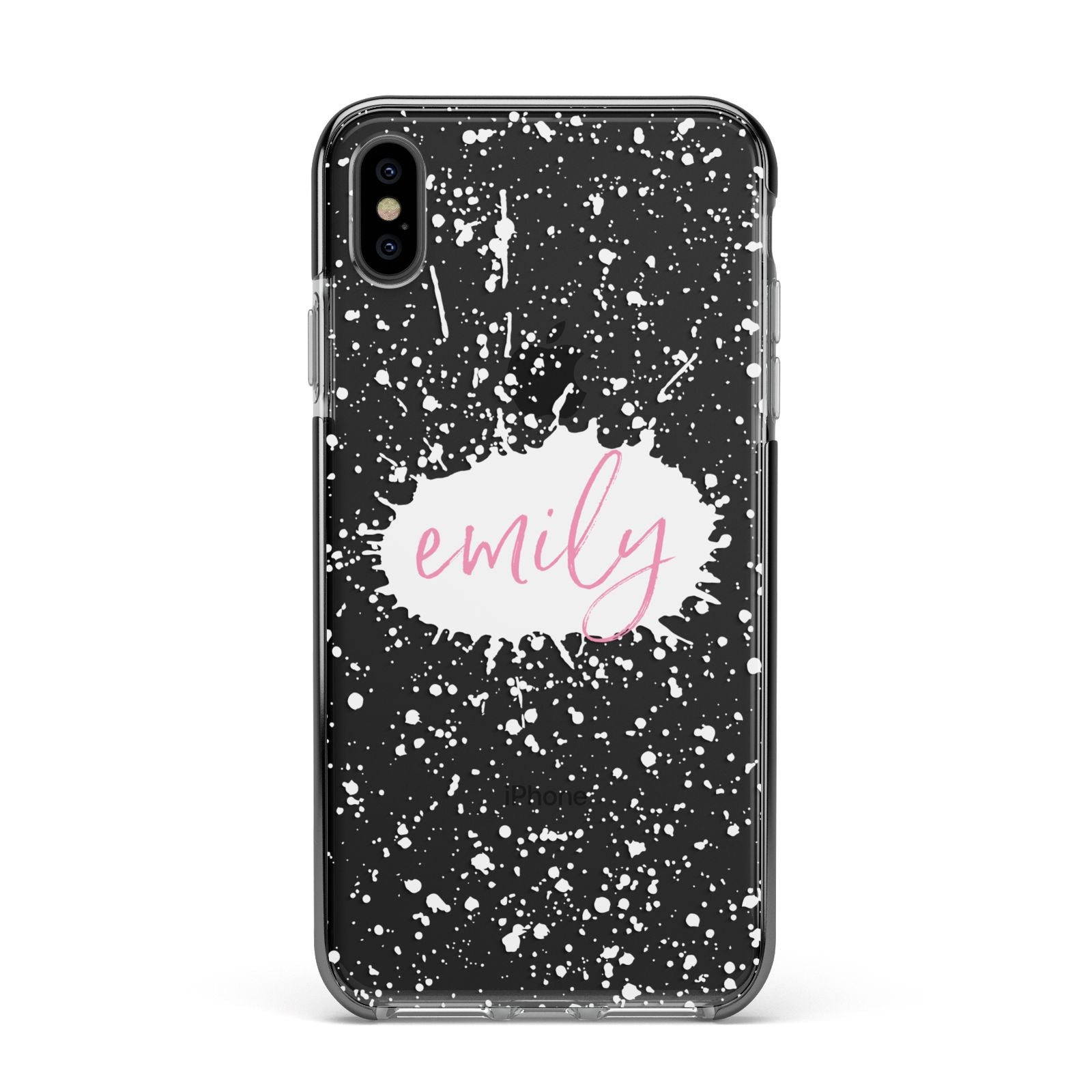 Personalised White Ink Splat Clear Name Apple iPhone Xs Max Impact Case Black Edge on Black Phone