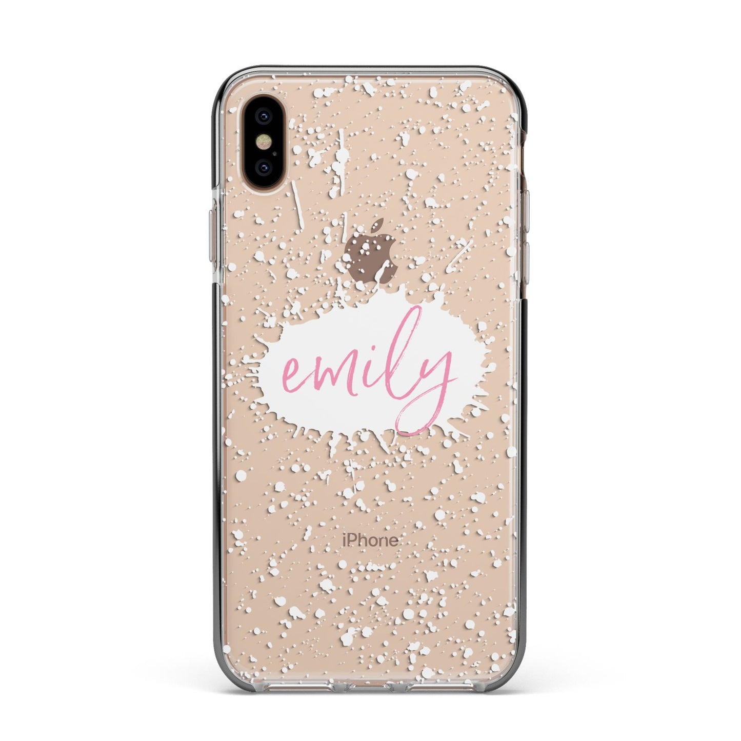 Personalised White Ink Splat Clear Name Apple iPhone Xs Max Impact Case Black Edge on Gold Phone