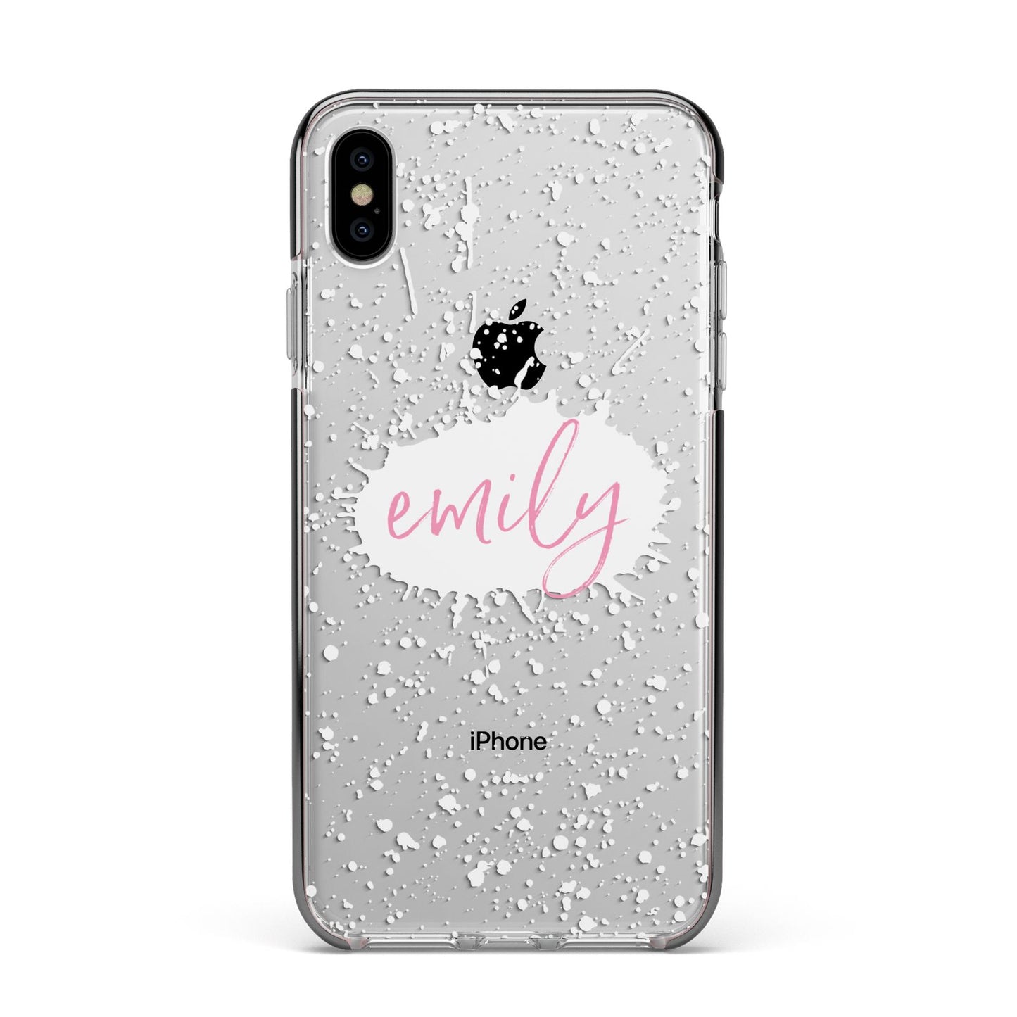 Personalised White Ink Splat Clear Name Apple iPhone Xs Max Impact Case Black Edge on Silver Phone