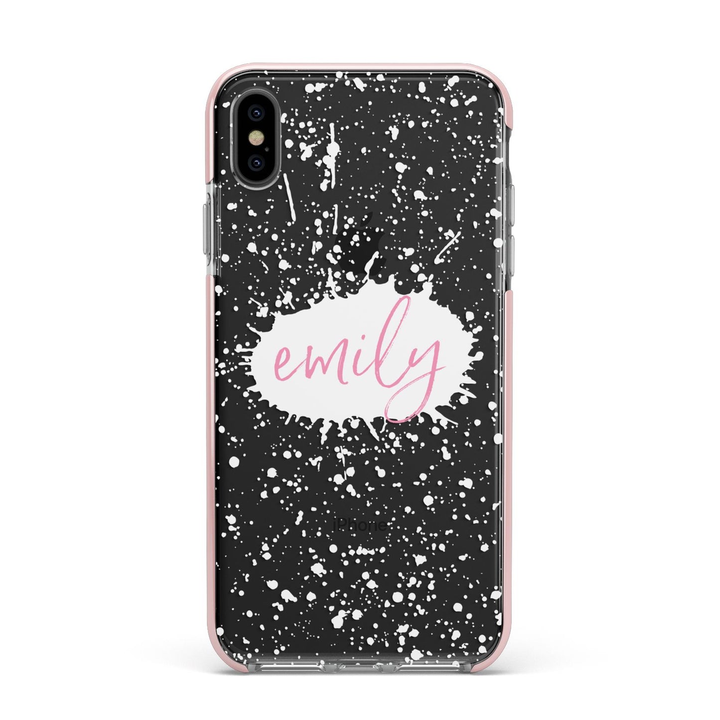 Personalised White Ink Splat Clear Name Apple iPhone Xs Max Impact Case Pink Edge on Black Phone