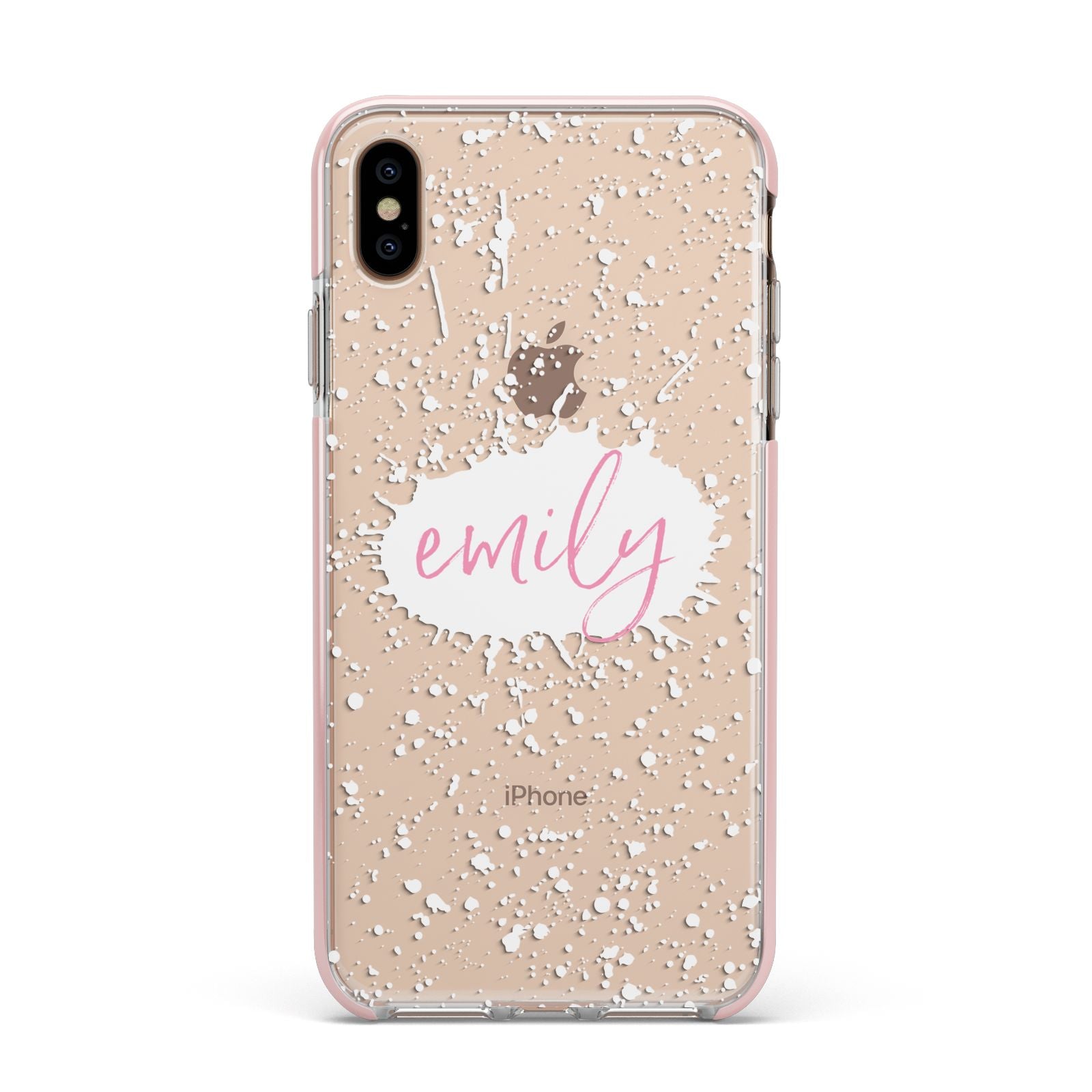 Personalised White Ink Splat Clear Name Apple iPhone Xs Max Impact Case Pink Edge on Gold Phone