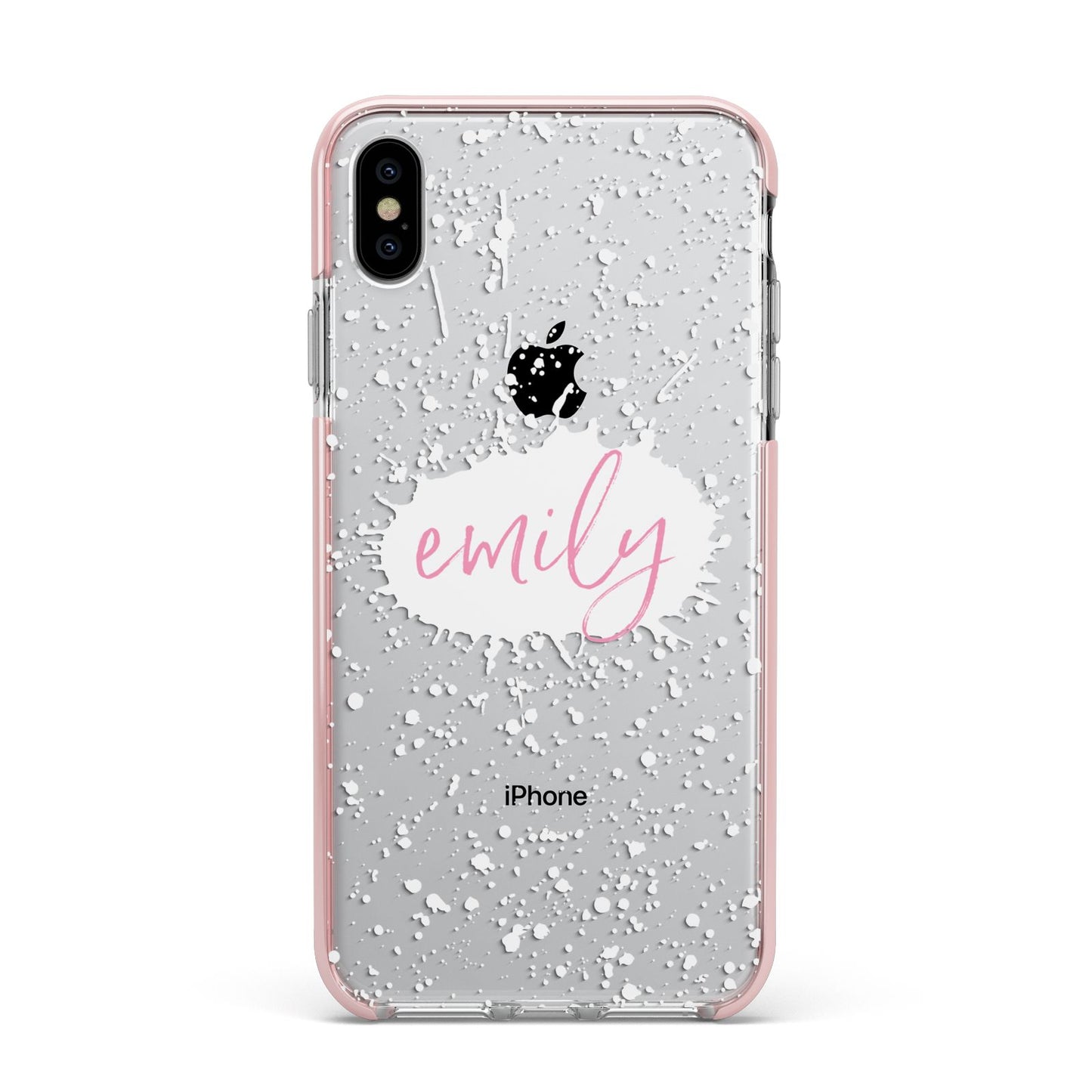 Personalised White Ink Splat Clear Name Apple iPhone Xs Max Impact Case Pink Edge on Silver Phone