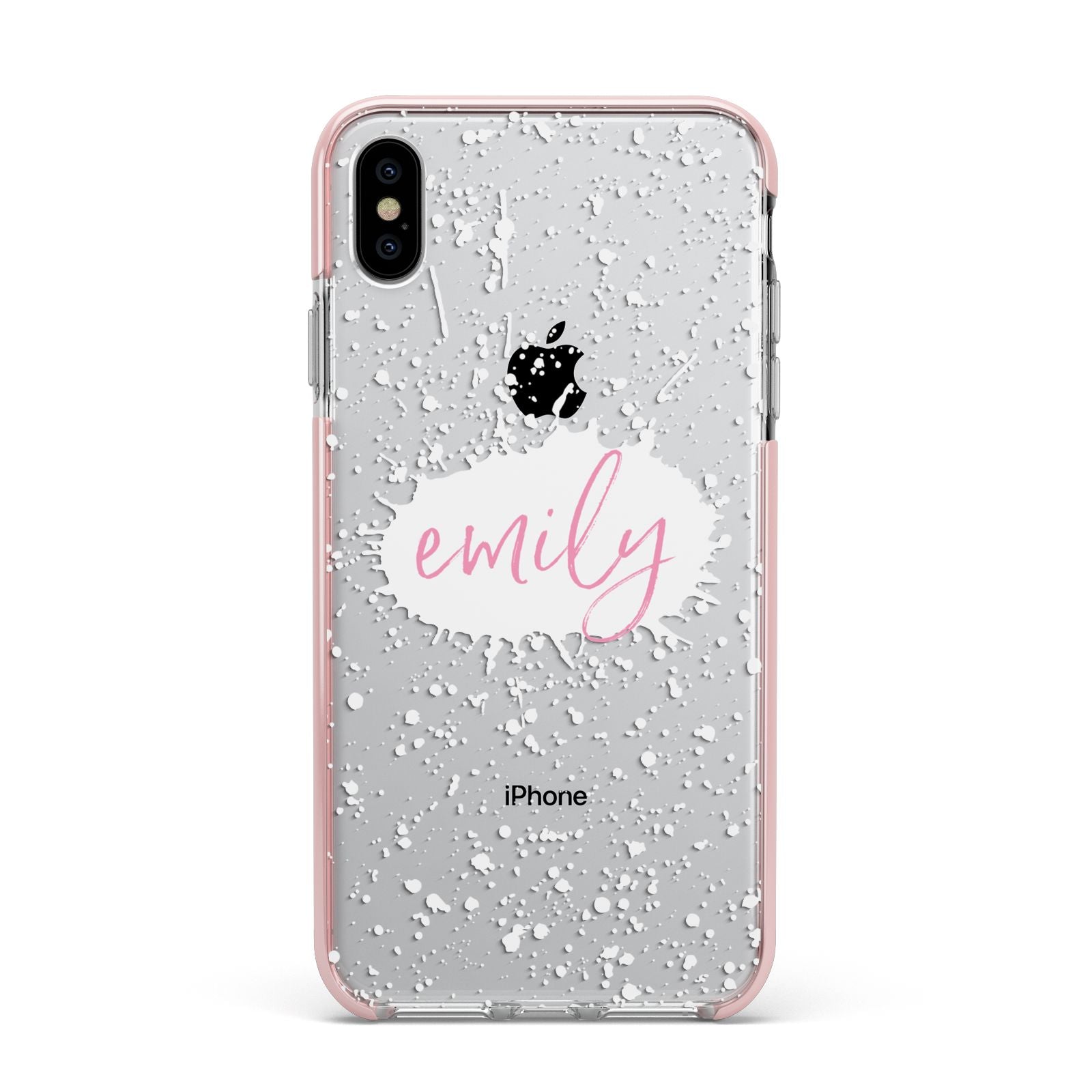 Personalised White Ink Splat Clear Name Apple iPhone Xs Max Impact Case Pink Edge on Silver Phone