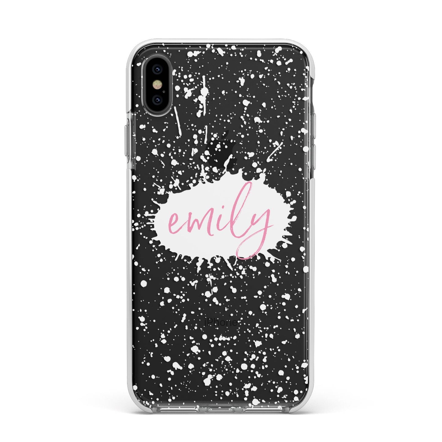 Personalised White Ink Splat Clear Name Apple iPhone Xs Max Impact Case White Edge on Black Phone