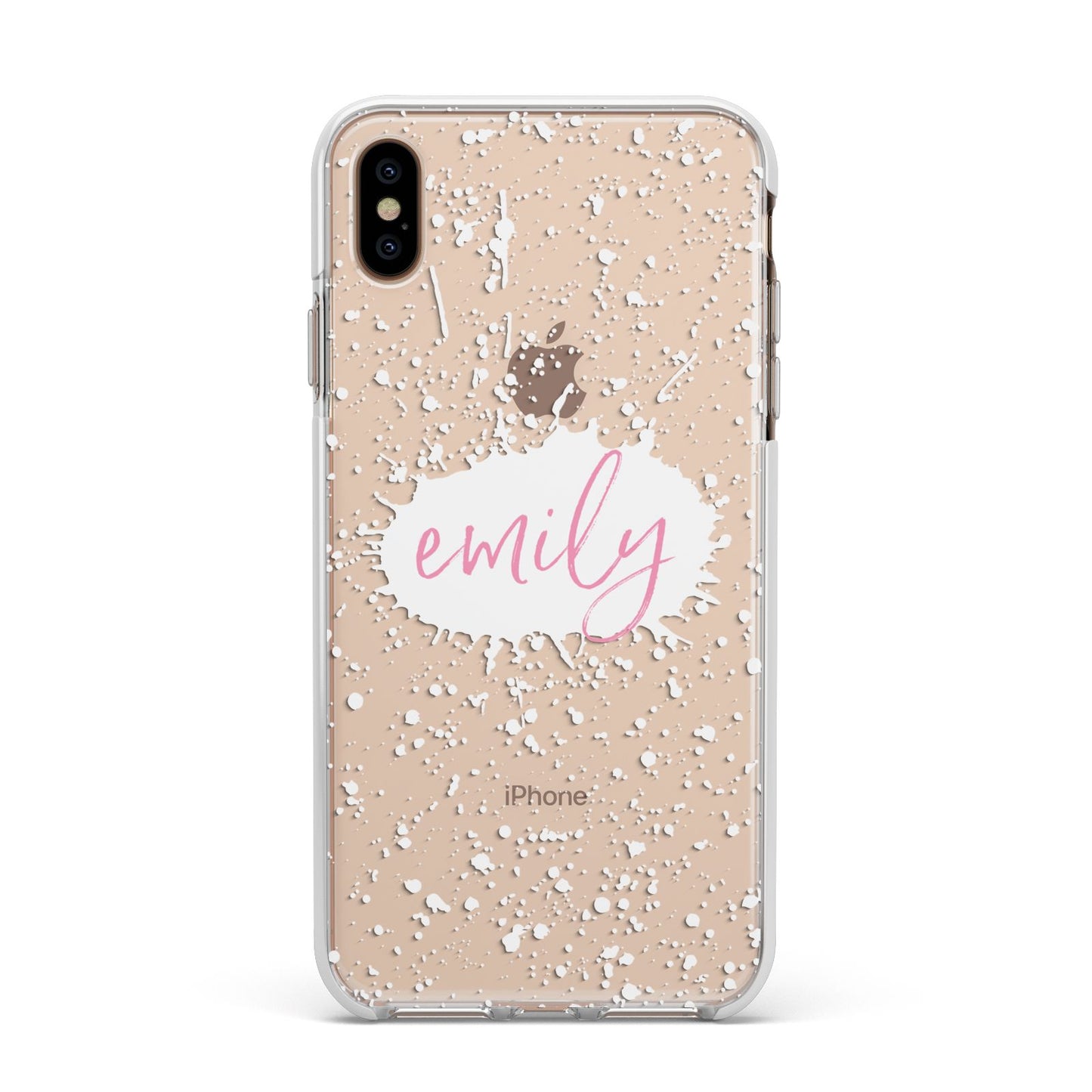 Personalised White Ink Splat Clear Name Apple iPhone Xs Max Impact Case White Edge on Gold Phone