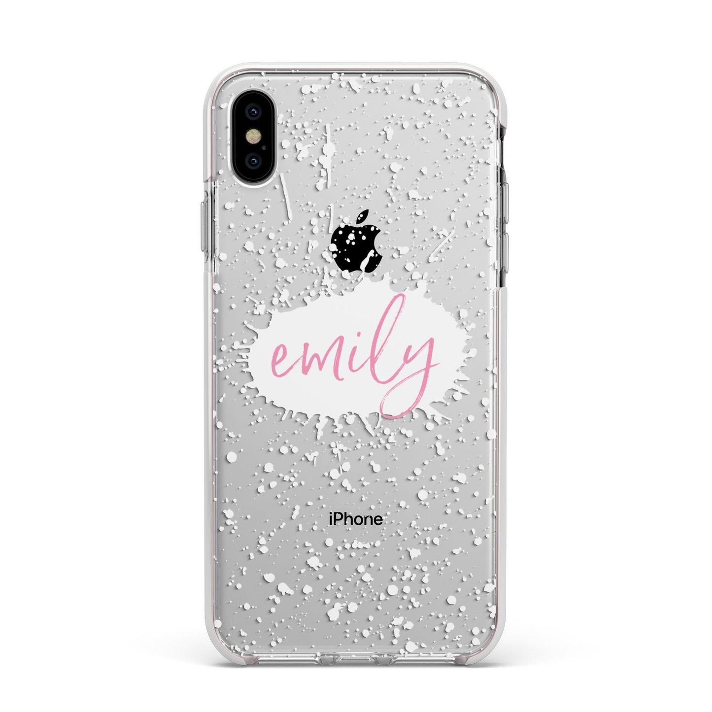 Personalised White Ink Splat Clear Name Apple iPhone Xs Max Impact Case White Edge on Silver Phone