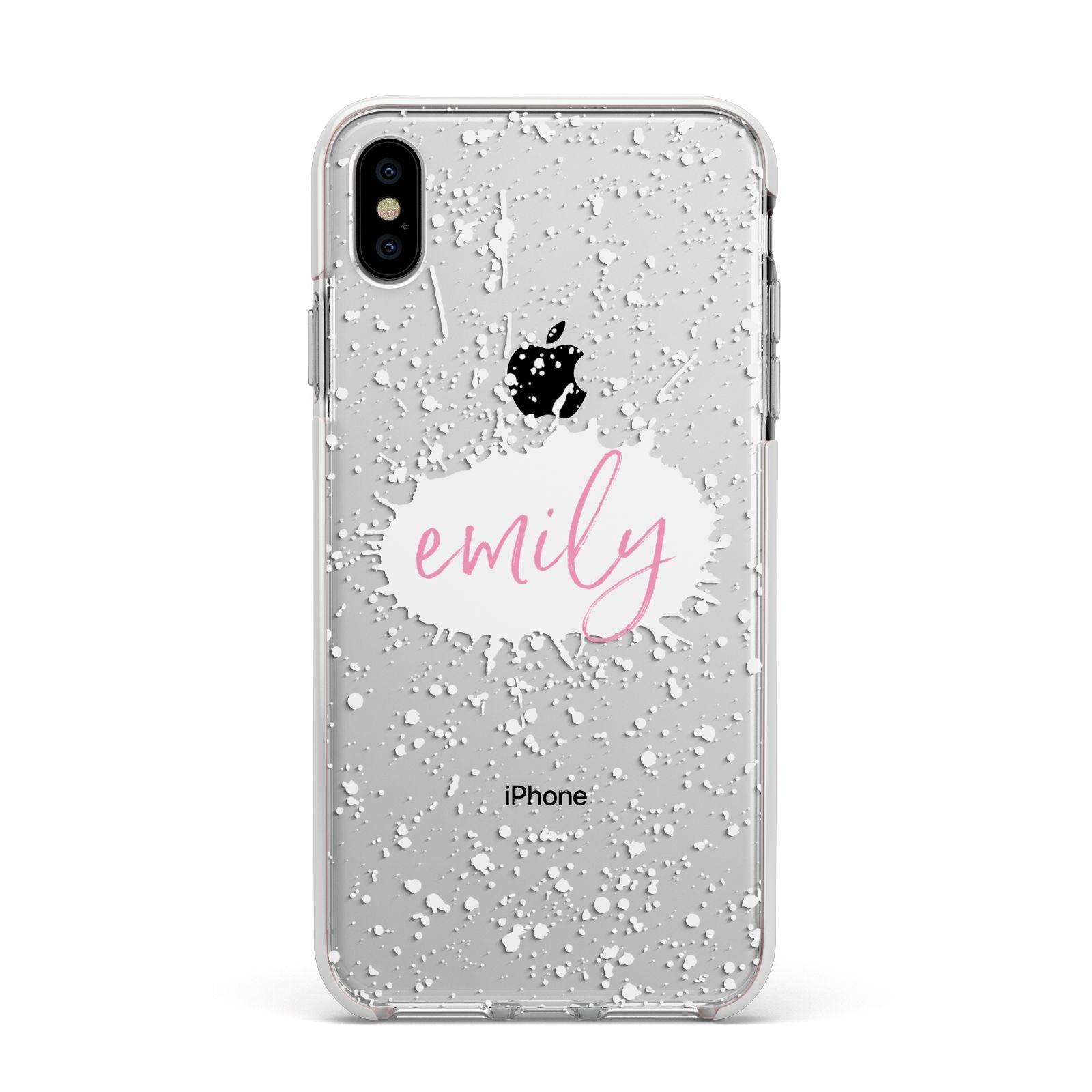 Personalised White Ink Splat Clear Name Apple iPhone Xs Max Impact Case White Edge on Silver Phone