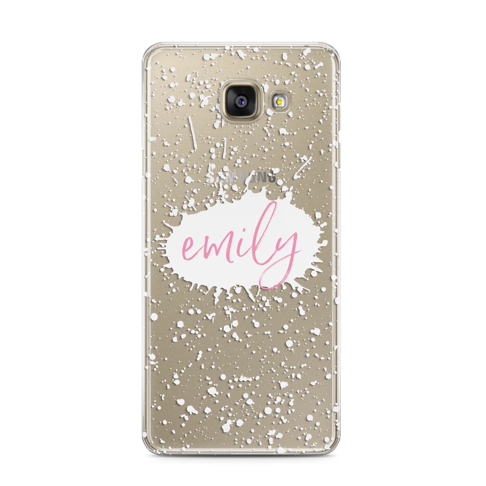 Personalised White Ink Splat Clear Name Samsung Galaxy A3 2016 Case on gold phone