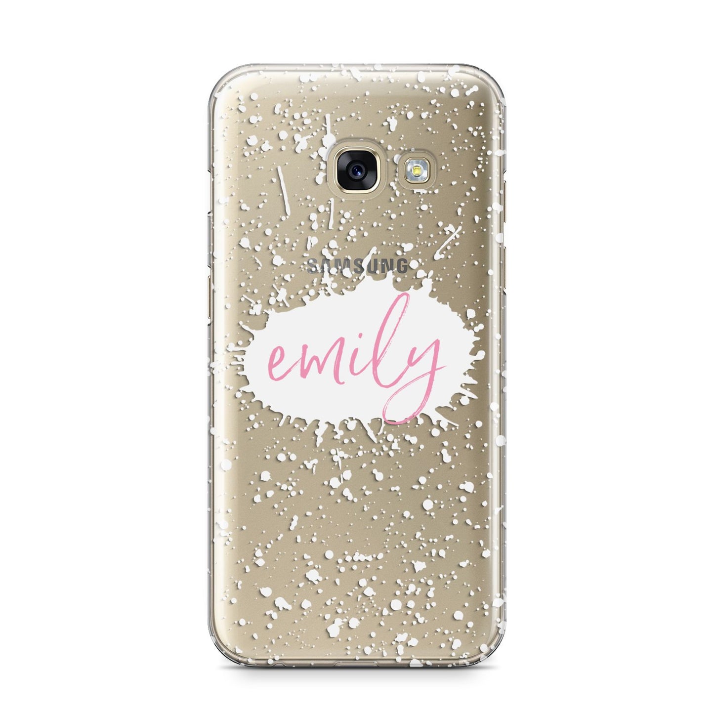 Personalised White Ink Splat Clear Name Samsung Galaxy A3 2017 Case on gold phone