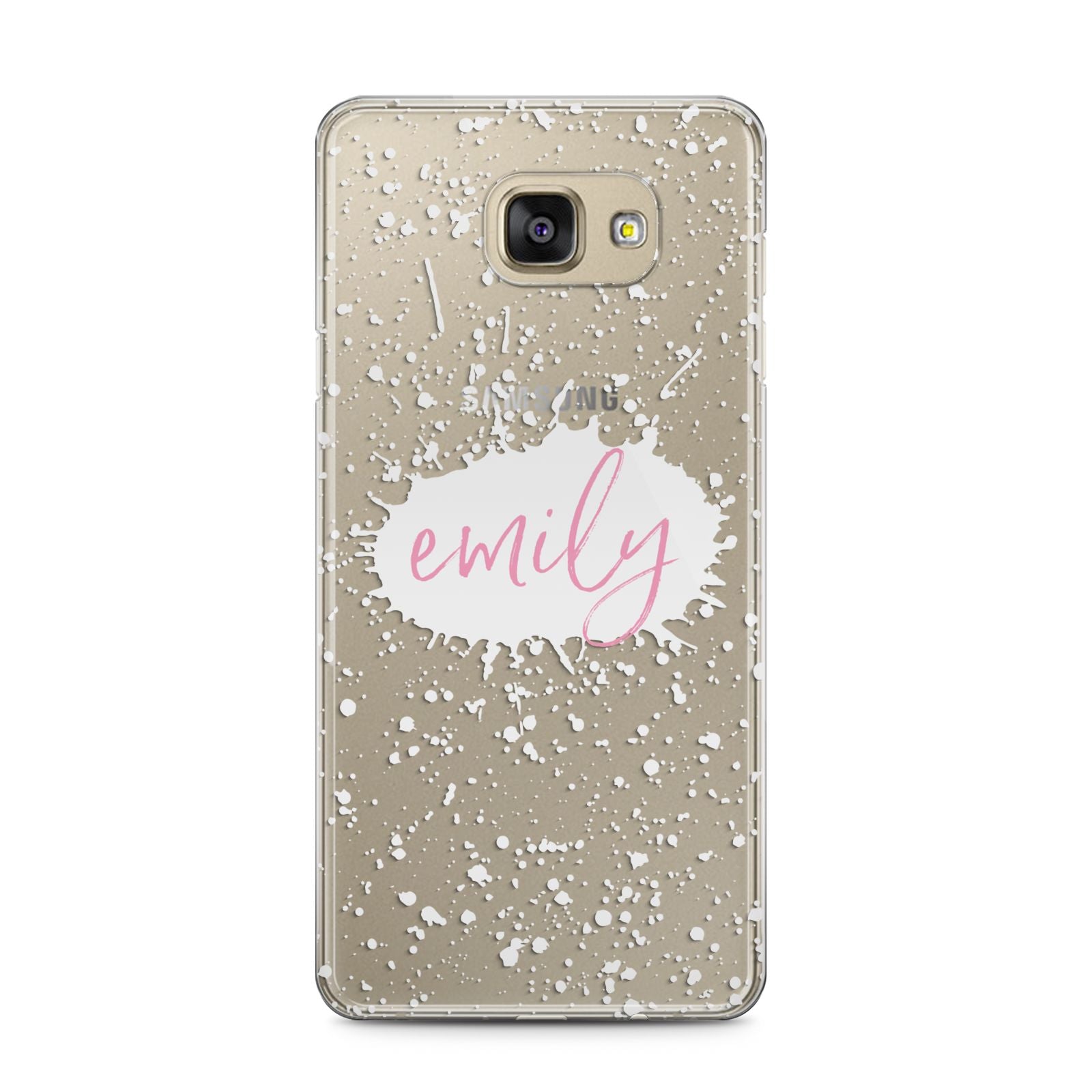 Personalised White Ink Splat Clear Name Samsung Galaxy A5 2016 Case on gold phone