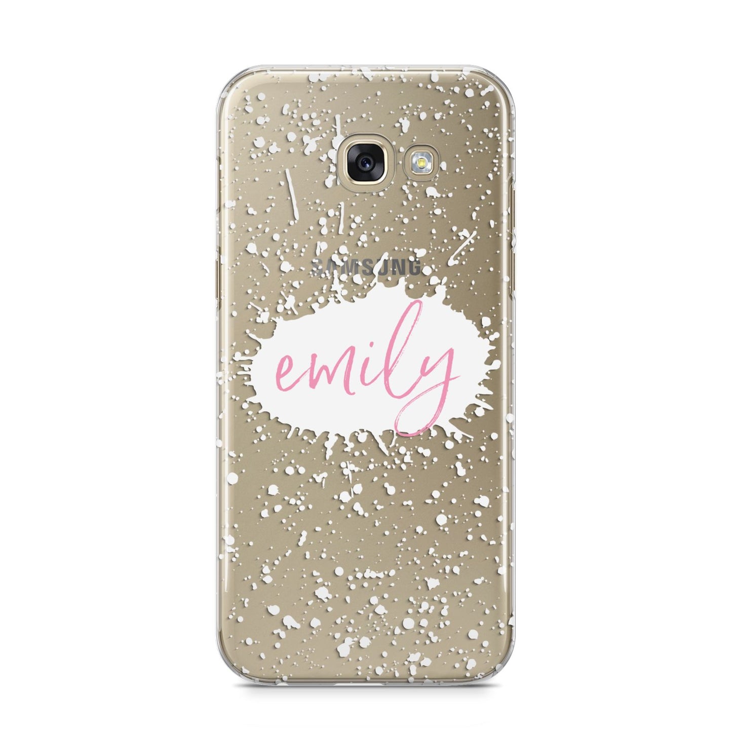 Personalised White Ink Splat Clear Name Samsung Galaxy A5 2017 Case on gold phone