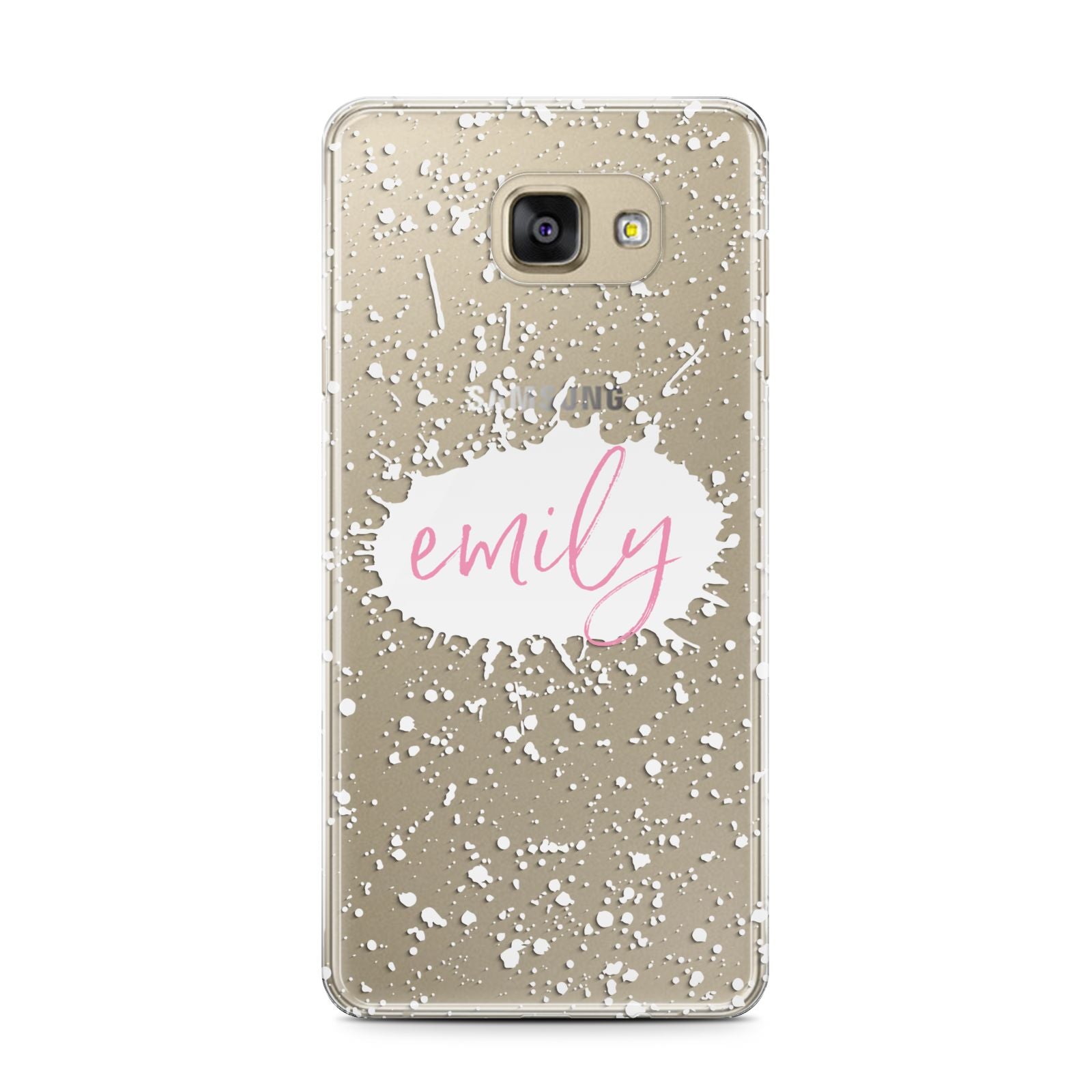 Personalised White Ink Splat Clear Name Samsung Galaxy A7 2016 Case on gold phone