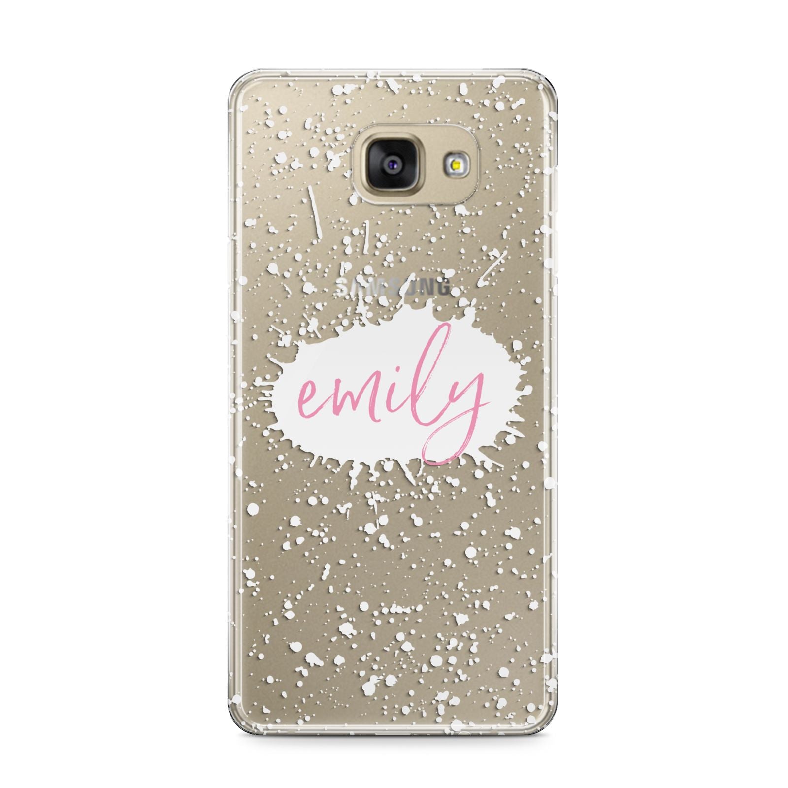 Personalised White Ink Splat Clear Name Samsung Galaxy A9 2016 Case on gold phone