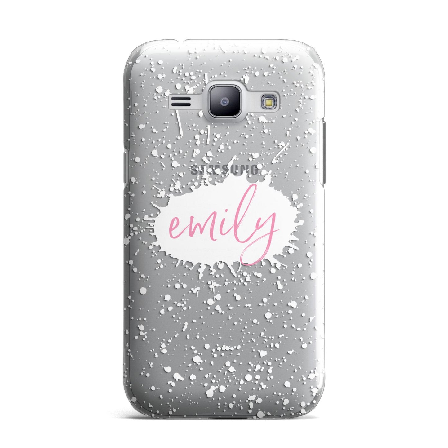 Personalised White Ink Splat Clear Name Samsung Galaxy J1 2015 Case