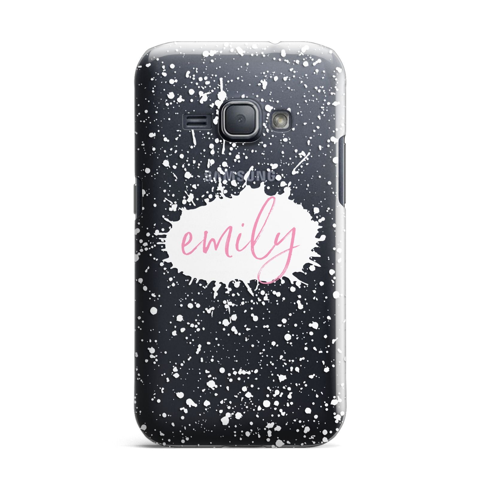 Personalised White Ink Splat Clear Name Samsung Galaxy J1 2016 Case