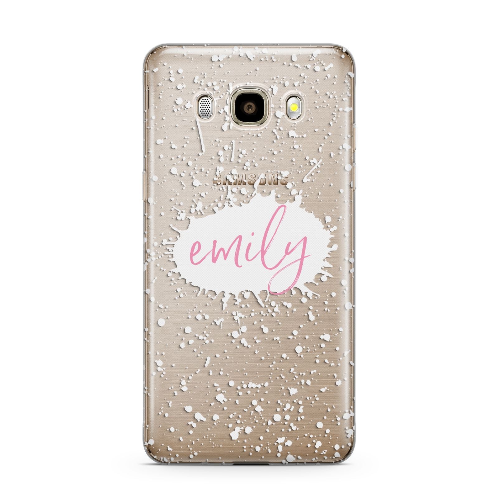 Personalised White Ink Splat Clear Name Samsung Galaxy J7 2016 Case on gold phone