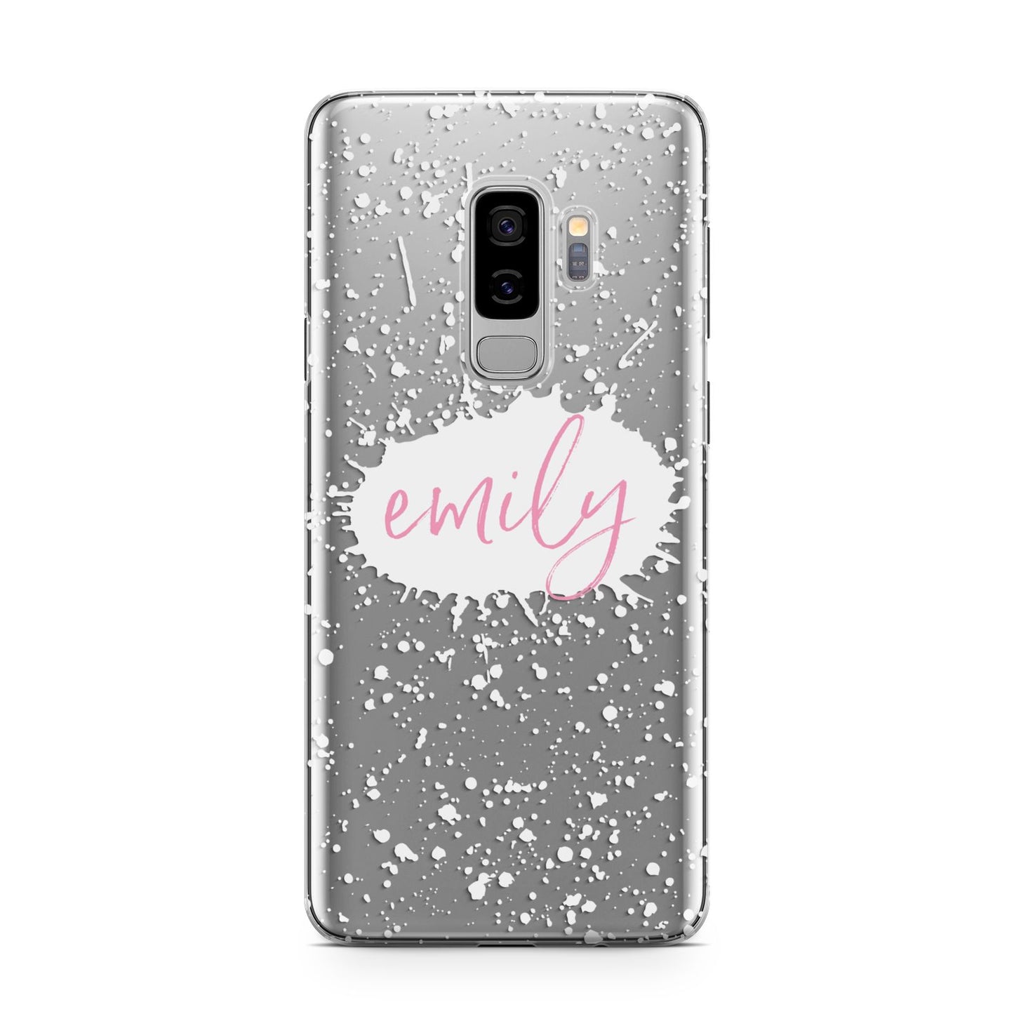 Personalised White Ink Splat Clear Name Samsung Galaxy S9 Plus Case on Silver phone