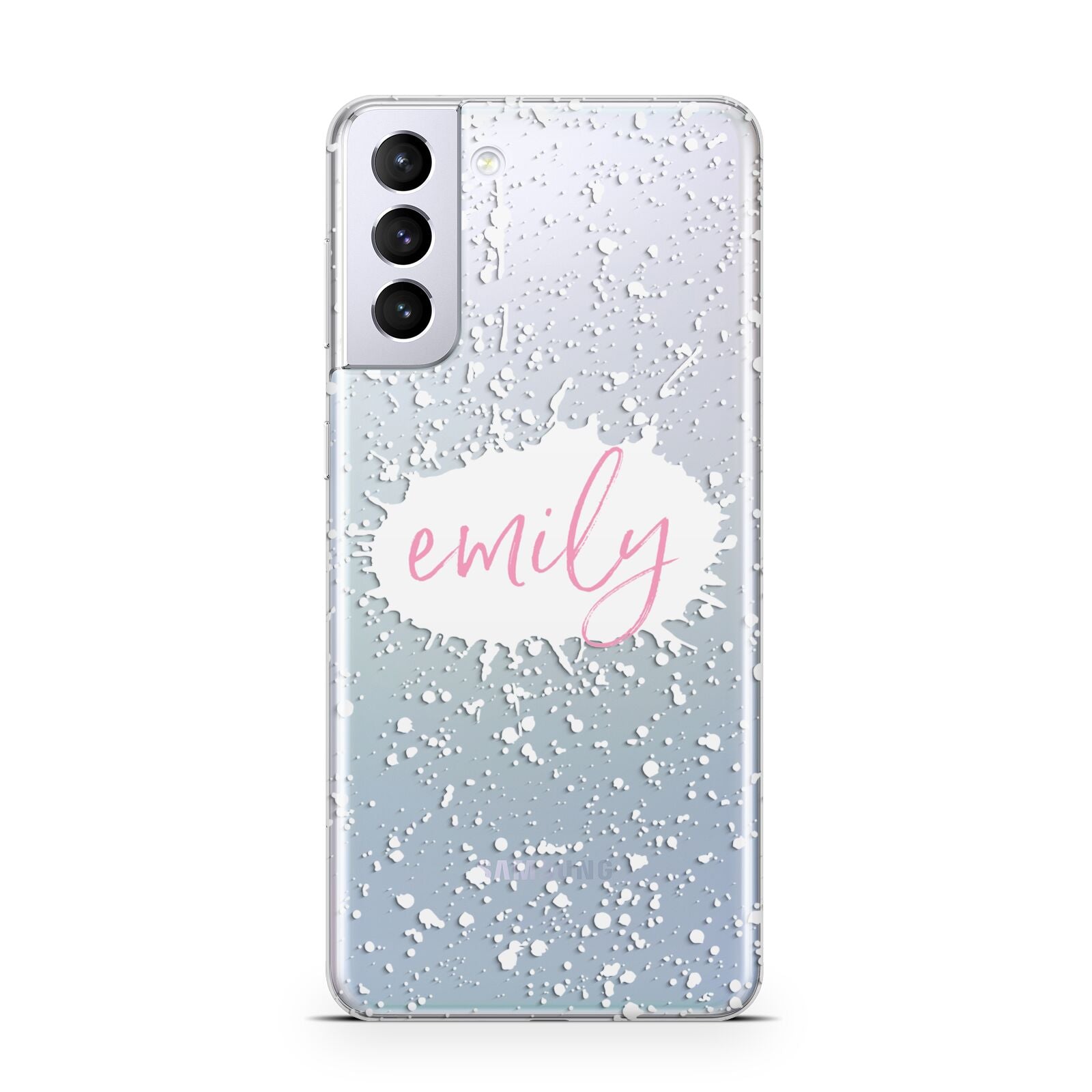 Personalised White Ink Splat Clear Name Samsung S21 Plus Phone Case