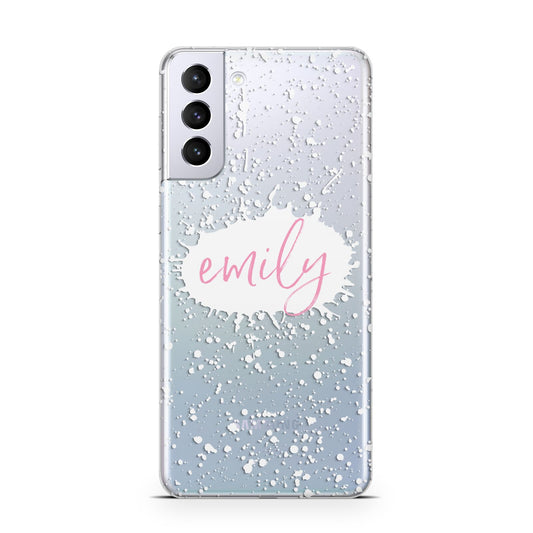 Personalised White Ink Splat Clear Name Samsung S21 Plus Phone Case