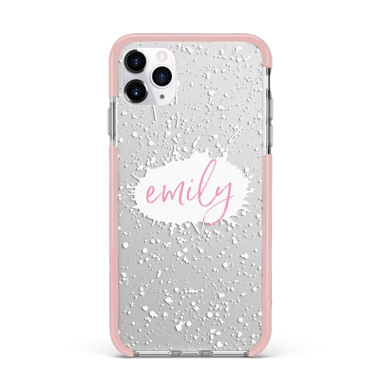 Personalised White Ink Splat Clear Name iPhone 11 Pro Max Impact Pink Edge Case