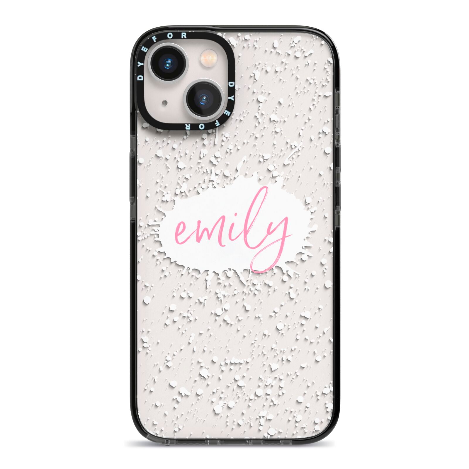 Personalised White Ink Splat Clear Name iPhone 13 Black Impact Case on Silver phone