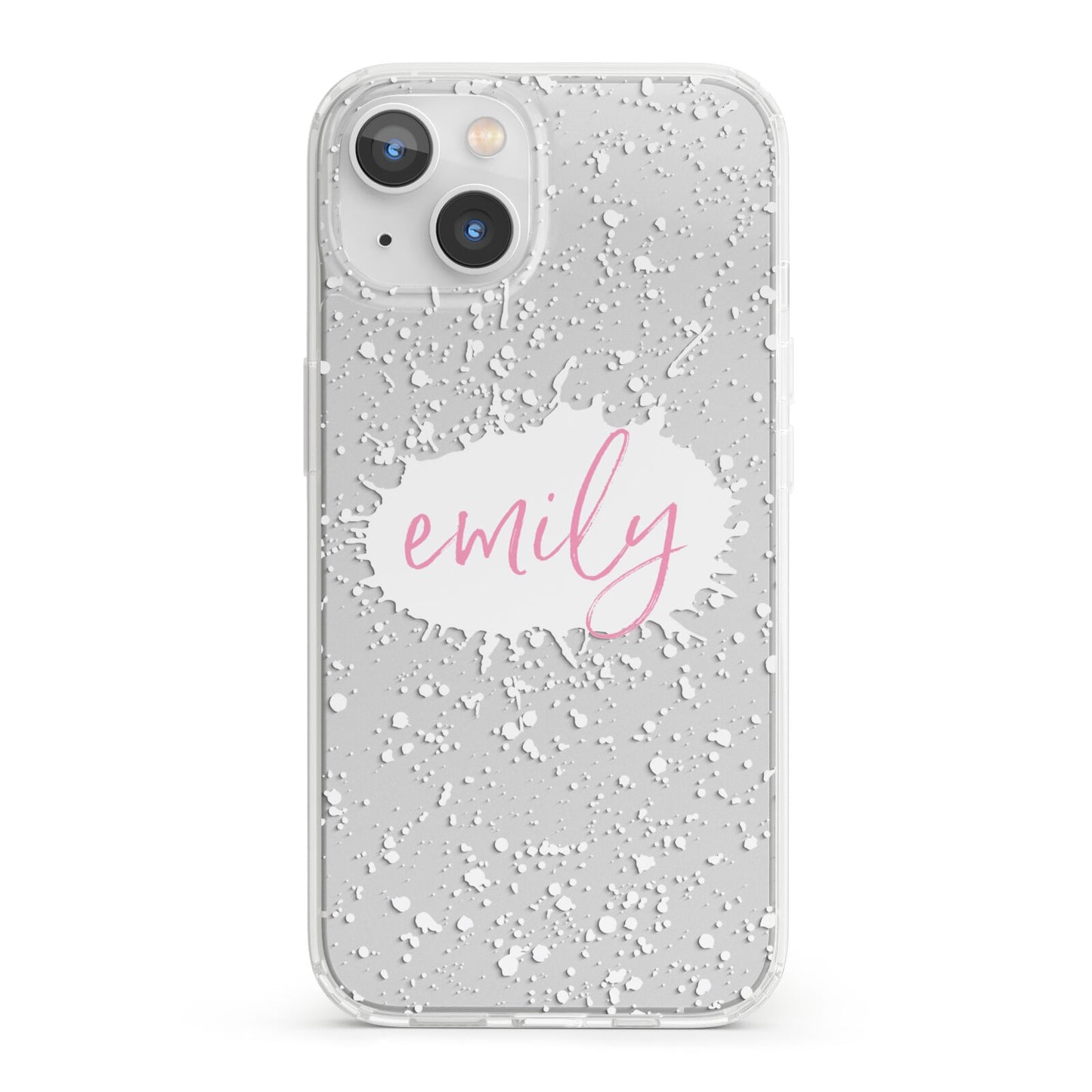 Personalised White Ink Splat Clear Name iPhone 13 Clear Bumper Case