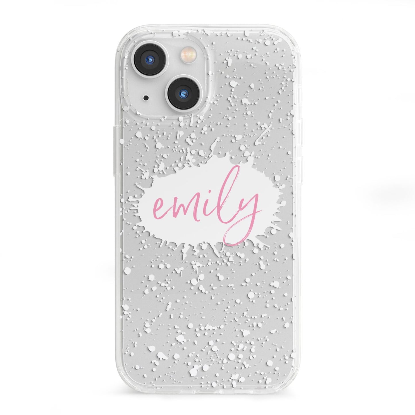 Personalised White Ink Splat Clear Name iPhone 13 Mini Clear Bumper Case