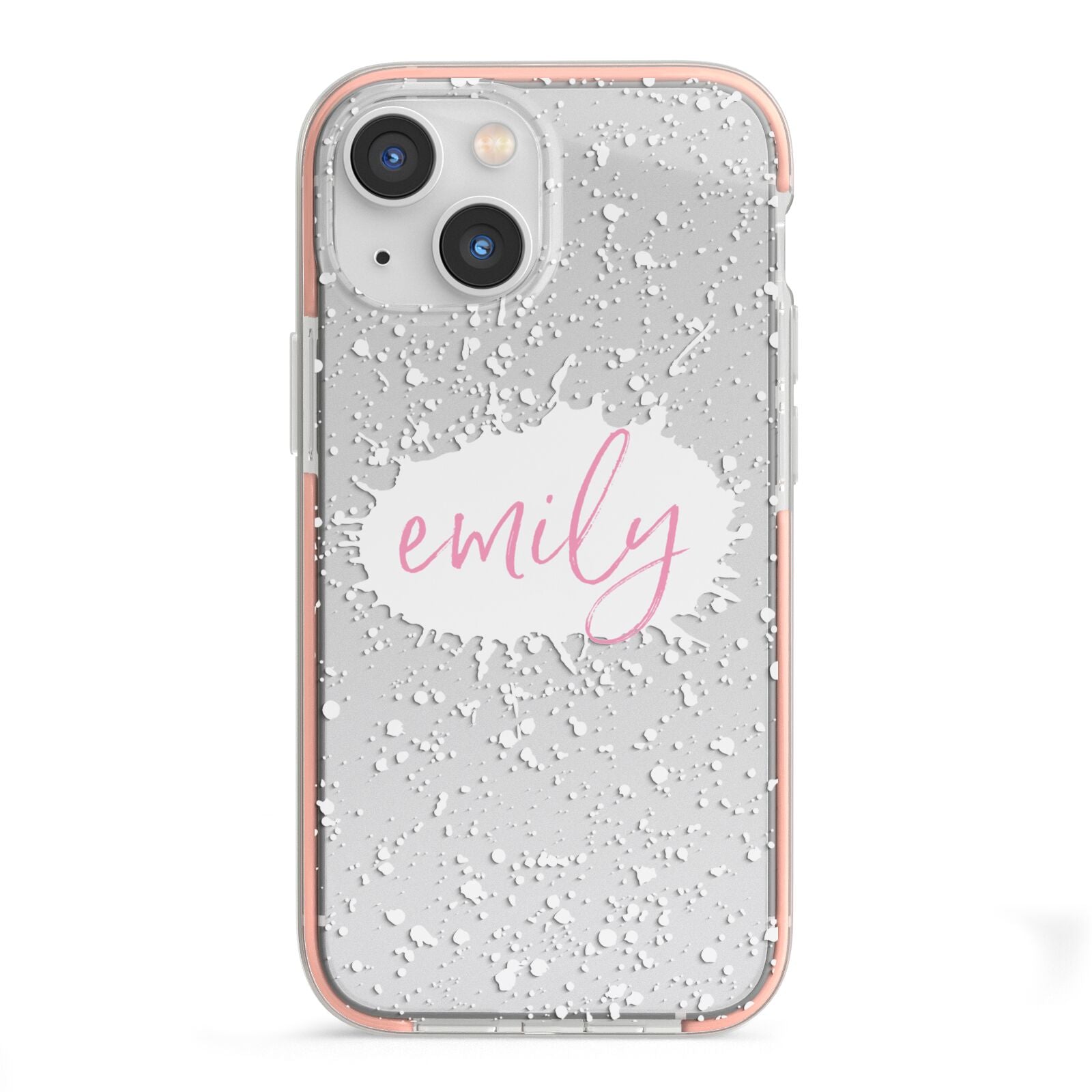 Personalised White Ink Splat Clear Name iPhone 13 Mini TPU Impact Case with Pink Edges