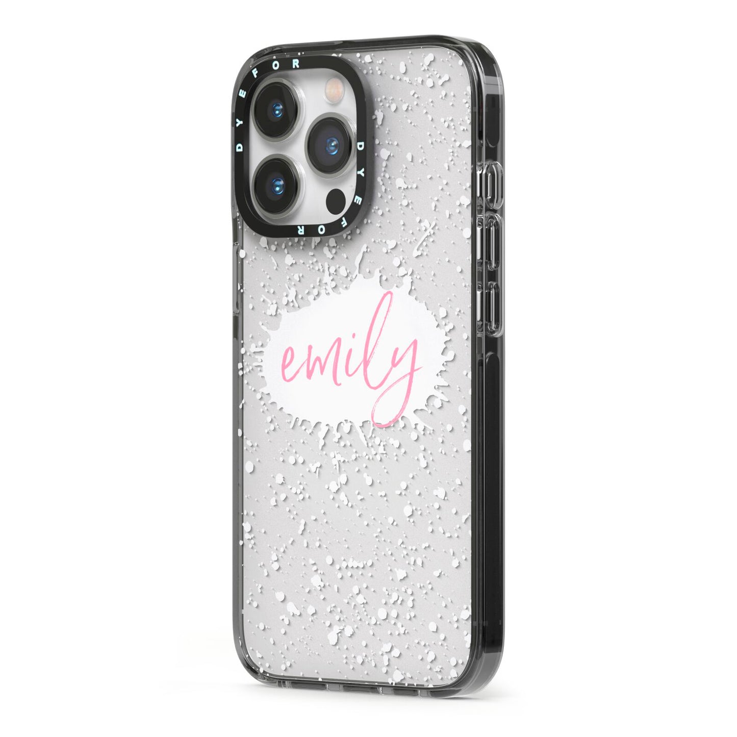 Personalised White Ink Splat Clear Name iPhone 13 Pro Black Impact Case Side Angle on Silver phone