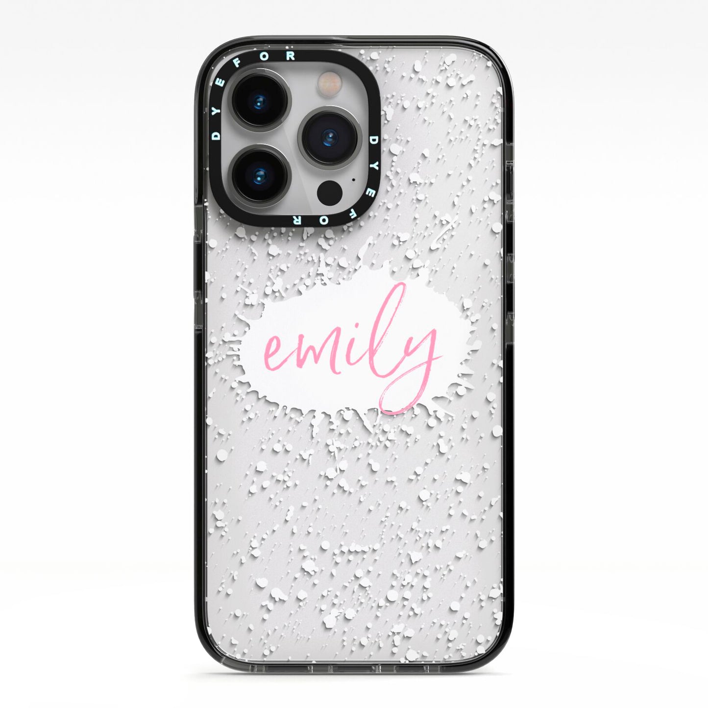 Personalised White Ink Splat Clear Name iPhone 13 Pro Black Impact Case on Silver phone