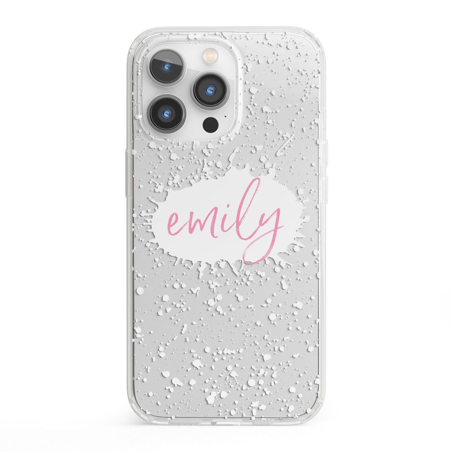 Personalised White Ink Splat Clear Name iPhone 13 Pro Clear Bumper Case