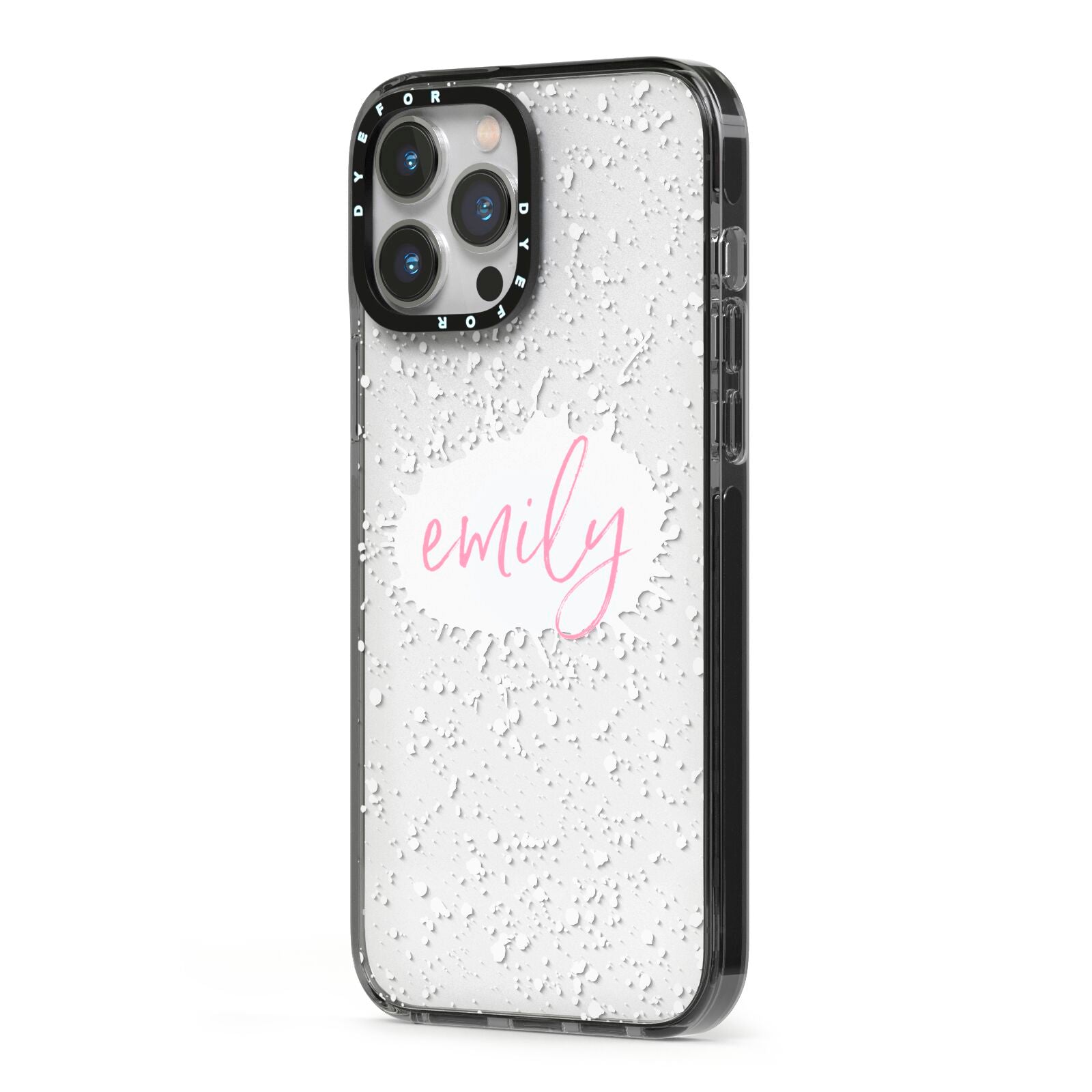 Personalised White Ink Splat Clear Name iPhone 13 Pro Max Black Impact Case Side Angle on Silver phone