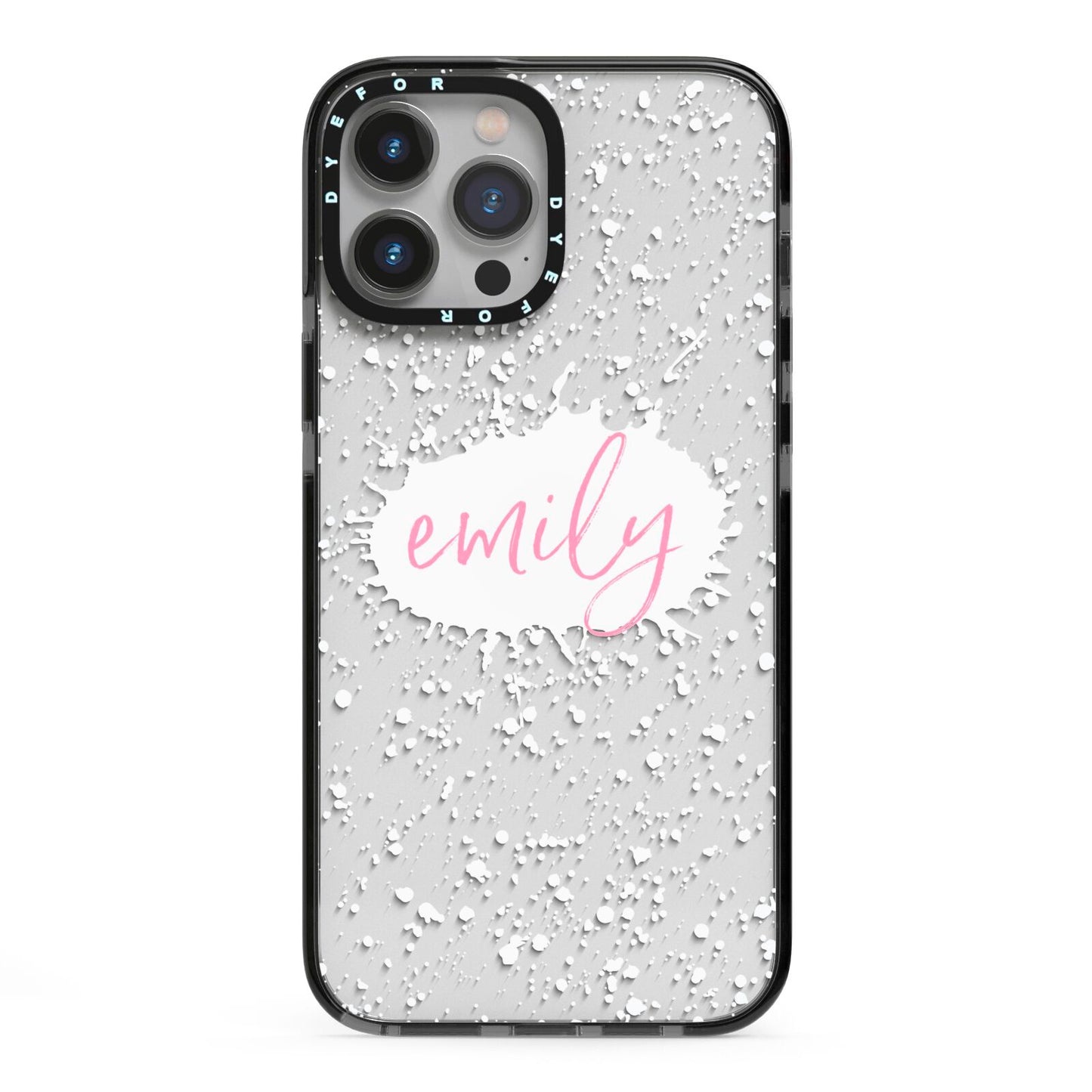 Personalised White Ink Splat Clear Name iPhone 13 Pro Max Black Impact Case on Silver phone