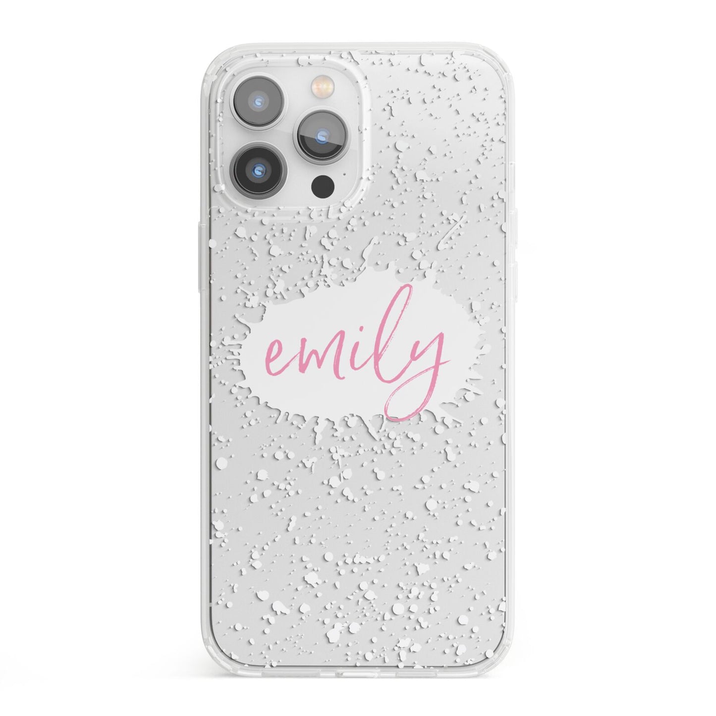 Personalised White Ink Splat Clear Name iPhone 13 Pro Max Clear Bumper Case