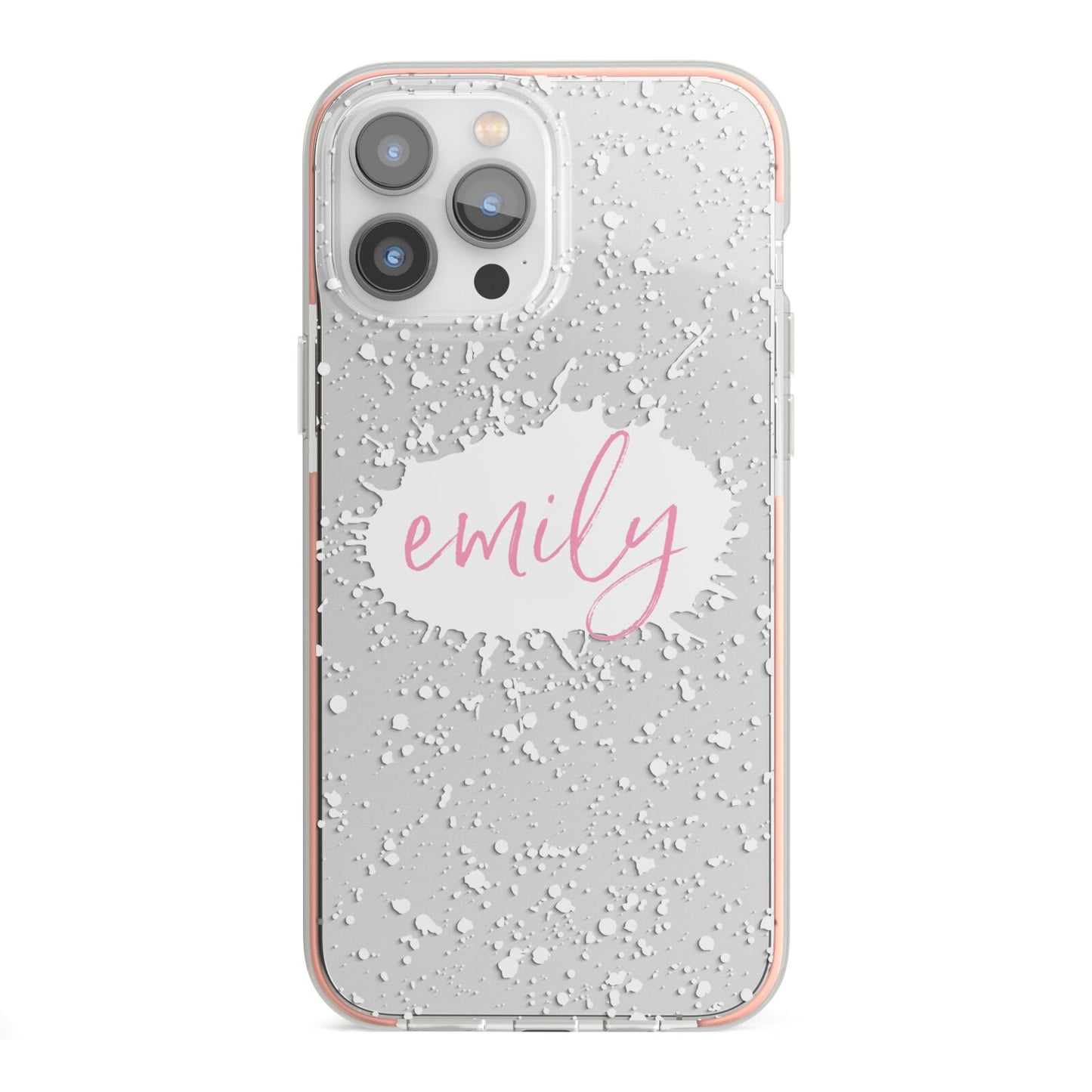 Personalised White Ink Splat Clear Name iPhone 13 Pro Max TPU Impact Case with Pink Edges