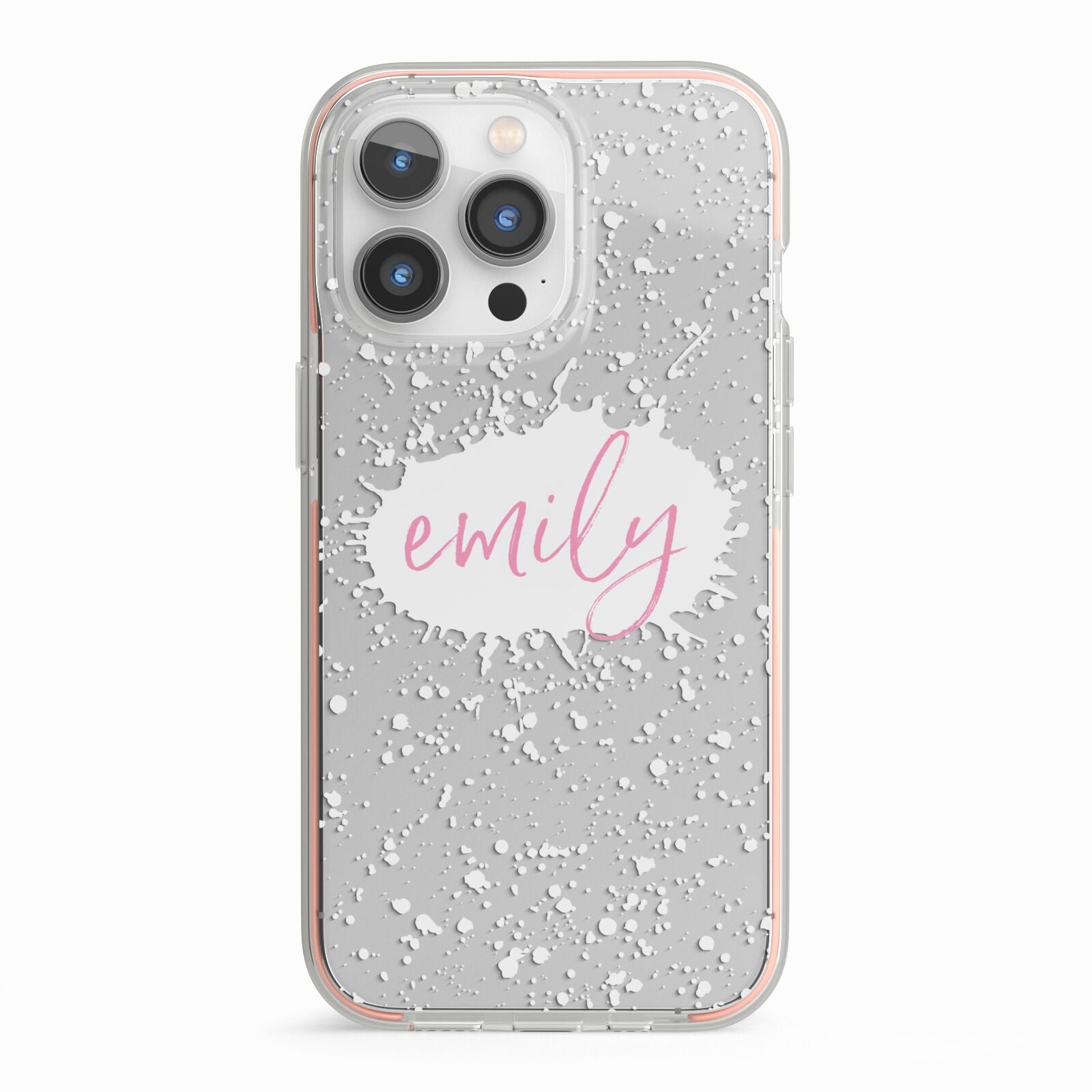 Personalised White Ink Splat Clear Name iPhone 13 Pro TPU Impact Case with Pink Edges